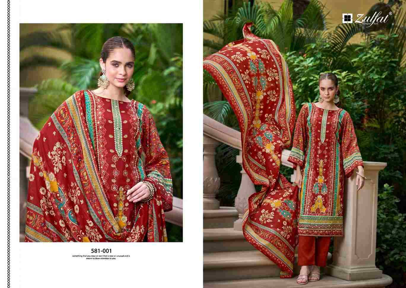 Sanjeeda By Zulfat 581-001 To 581-006 Series Beautiful Festive Suits Colorful Stylish Fancy Casual Wear & Ethnic Wear Pure Jam Cotton Print With Embroidered Dresses At Wholesale Price