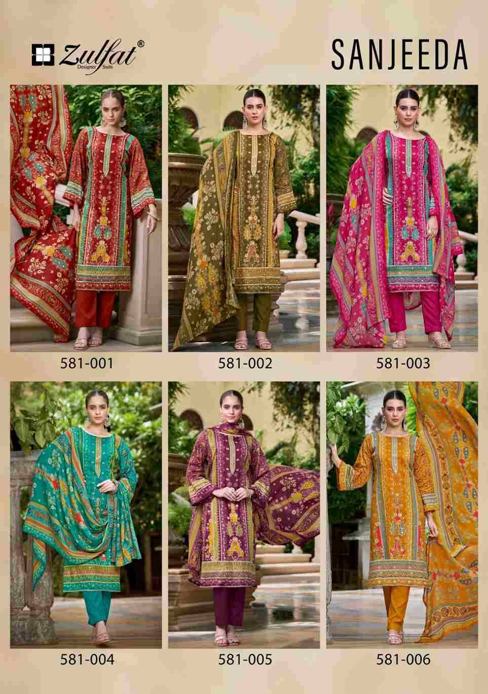 Sanjeeda By Zulfat 581-001 To 581-006 Series Beautiful Festive Suits Colorful Stylish Fancy Casual Wear & Ethnic Wear Pure Jam Cotton Print With Embroidered Dresses At Wholesale Price