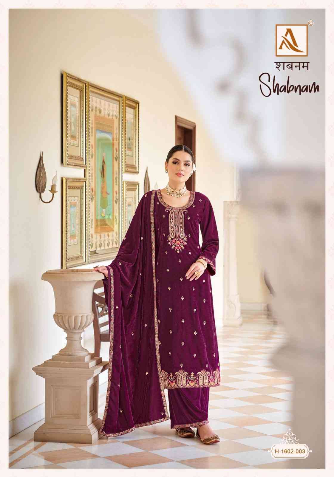 Shabnam By Alok Suit 1602-001 To 1602-004 Series Beautiful Festive Suits Colorful Stylish Fancy Casual Wear & Ethnic Wear Velvet Dresses At Wholesale Price