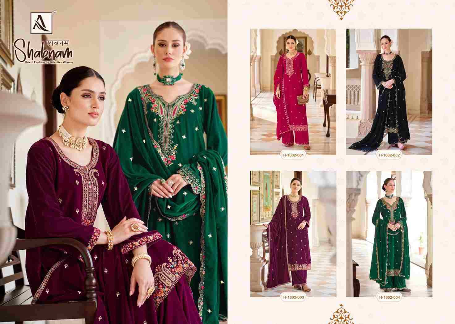 Shabnam By Alok Suit 1602-001 To 1602-004 Series Beautiful Festive Suits Colorful Stylish Fancy Casual Wear & Ethnic Wear Velvet Dresses At Wholesale Price