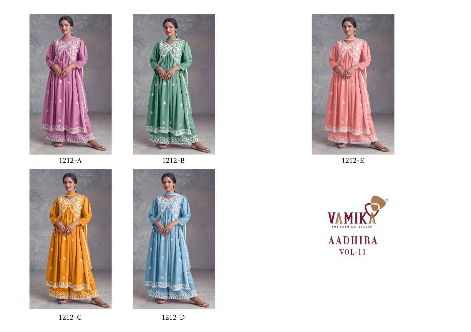 Aadhira Vol-11 By Vamika 1212-A To 1212-E Series Beautiful Festive Suits Colorful Stylish Fancy Casual Wear & Ethnic Wear Pure Viscose Rayon Embroidery Dresses At Wholesale Price