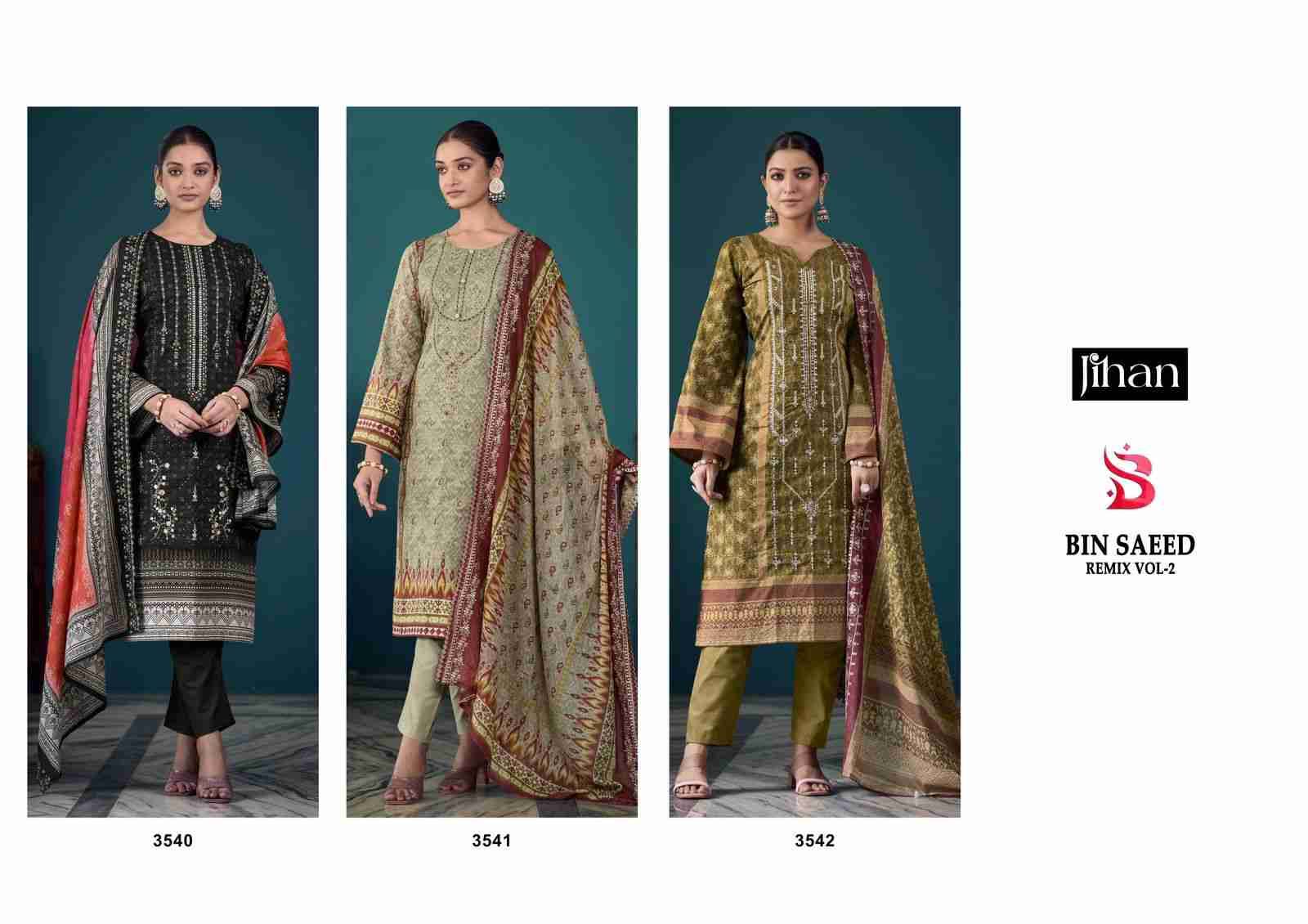 Bin Saeed Remix Vol-2 By Jihan 3540 To 3542 Series Beautiful Stylish Pakistani Suits Fancy Colorful Casual Wear & Ethnic Wear & Ready To Wear Pure Lawn Print Dresses At Wholesale Price