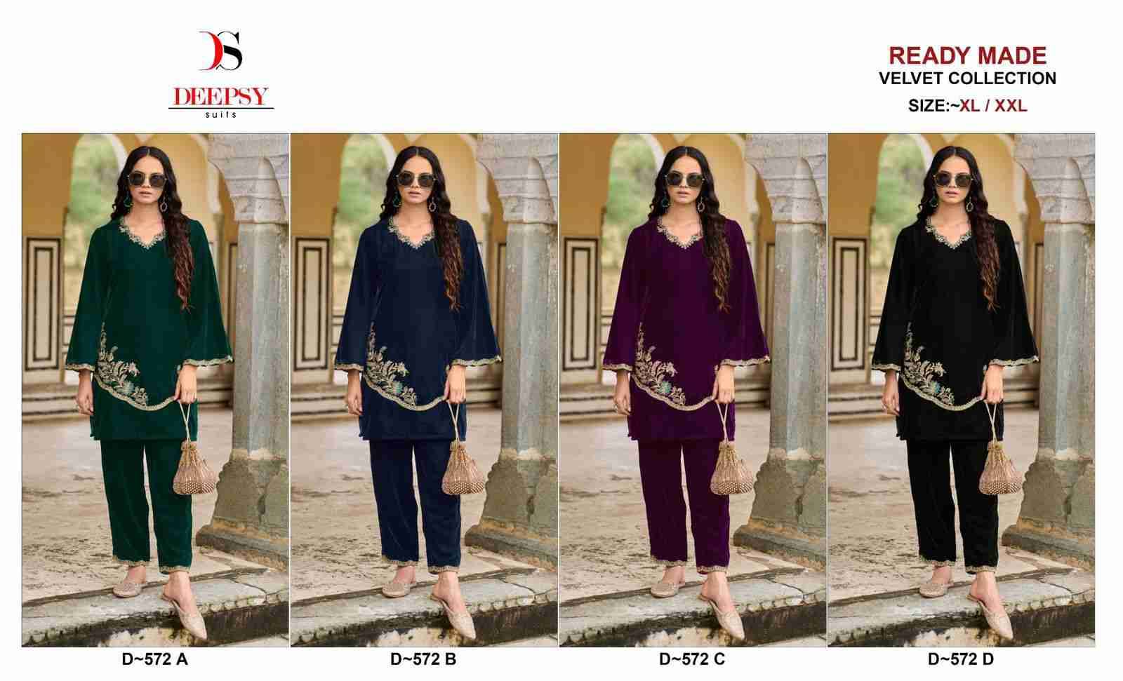 Deepsy Hit Design 572 Colours By Deepsy Suits 572-A To 572-D Series Designer Pakistani Suits Collection Beautiful Stylish Fancy Colorful Party Wear & Occasional Wear Velvet Kurtis With Bottom At Wholesale Price