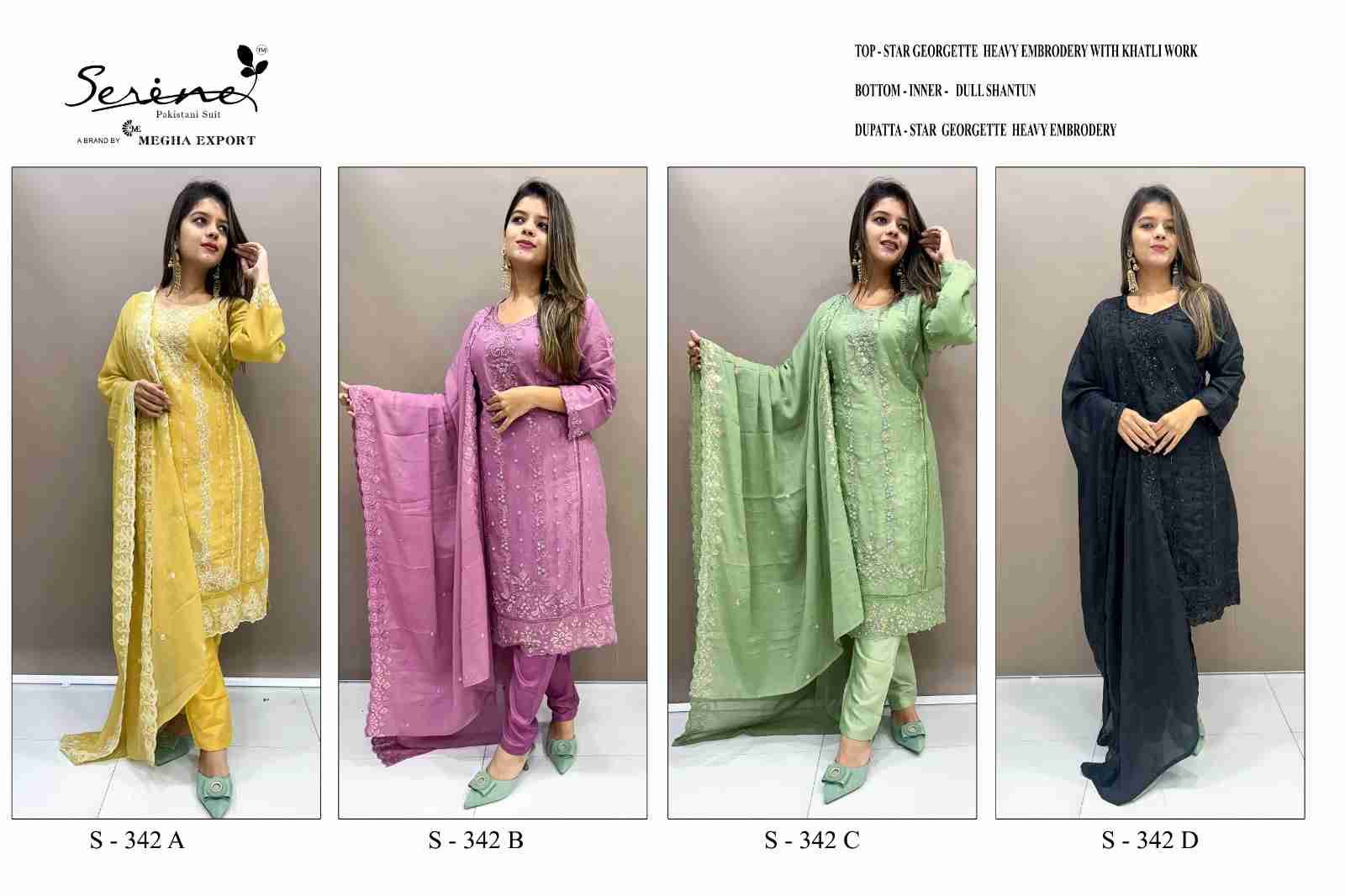 Serene Hit Design S-342 Colours By Serene S-342-A To S-342-D Series Designer Pakistani Suits Beautiful Fancy Colorful Stylish Party Wear & Occasional Wear Georgette Embroidered Dresses At Wholesale Price