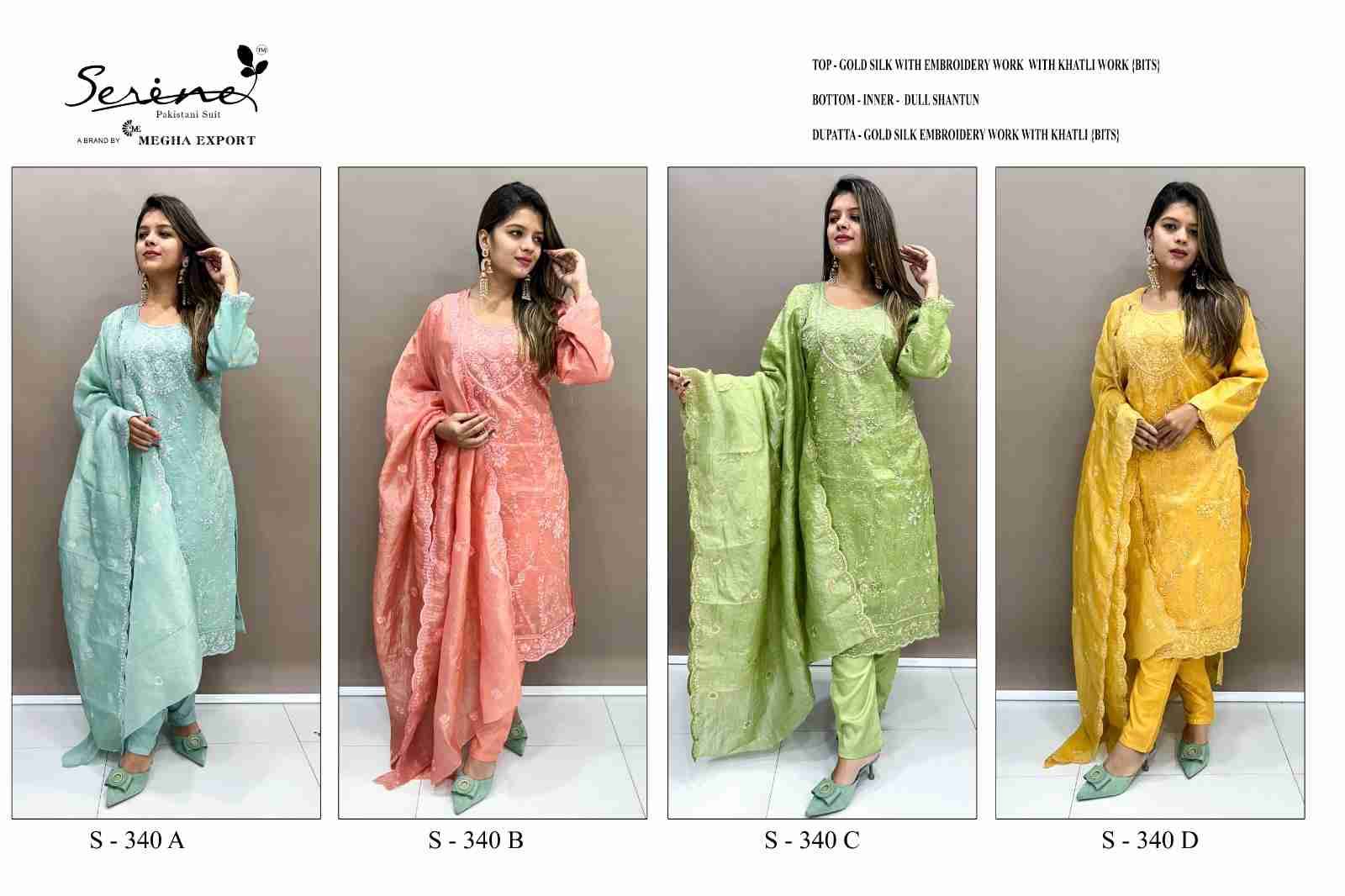 Serene Hit Design S-340 Colours By Serene S-340-A To S-340-D Series Designer Pakistani Suits Beautiful Fancy Colorful Stylish Party Wear & Occasional Wear Silk Embroidered Dresses At Wholesale Price