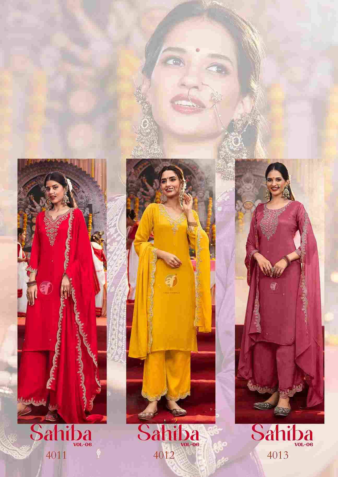 Sahiba Vol-6 By Anju Fabrics 4011 To 4016 Series Designer Festive Suits Collection Beautiful Stylish Fancy Colorful Party Wear & Occasional Wear Chinnon Dresses At Wholesale Price