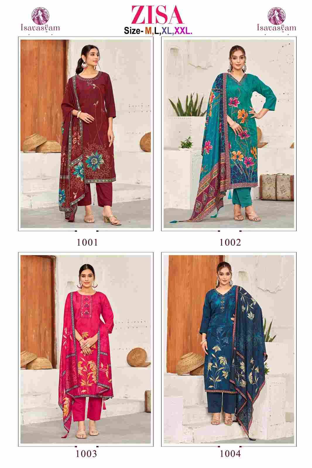 Zisa By Isavasyam 1001 To 1004 Series Beautiful Suits Colorful Stylish Fancy Casual Wear & Ethnic Wear Roman Silk Embroidery Dresses At Wholesale Price