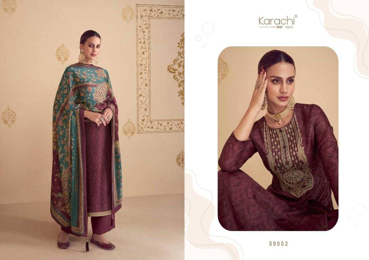 Shehnaaz By Karachi Prints 59001 To 59004 Series Beautiful Festive Suits Colorful Stylish Fancy Casual Wear & Ethnic Wear Pure Russian Silk Print With Work Dresses At Wholesale Price