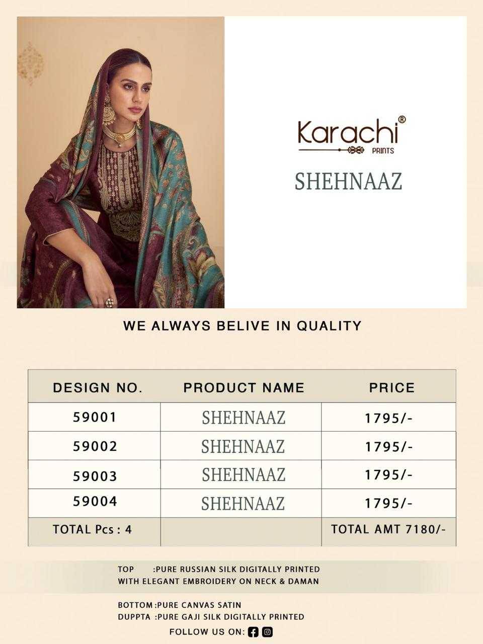 Shehnaaz By Karachi Prints 59001 To 59004 Series Beautiful Festive Suits Colorful Stylish Fancy Casual Wear & Ethnic Wear Pure Russian Silk Print With Work Dresses At Wholesale Price