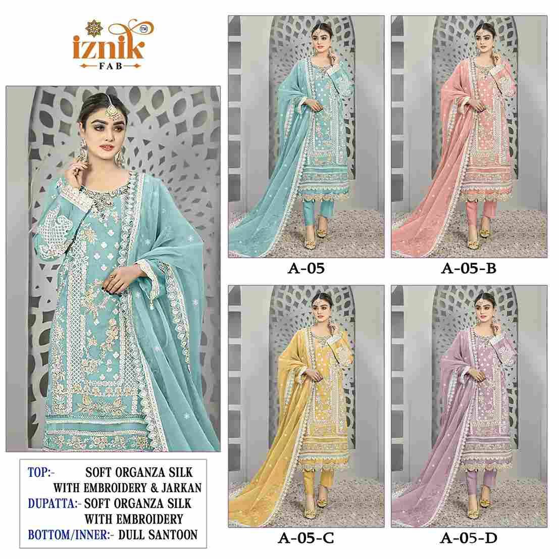 Iznik 05 Colours By Iznik Fab 05-A To 05-D Series Designer Pakistani Suits Beautiful Stylish Fancy Colorful Party Wear & Occasional Wear Organza Silk With Embroidery Dresses At Wholesale Price