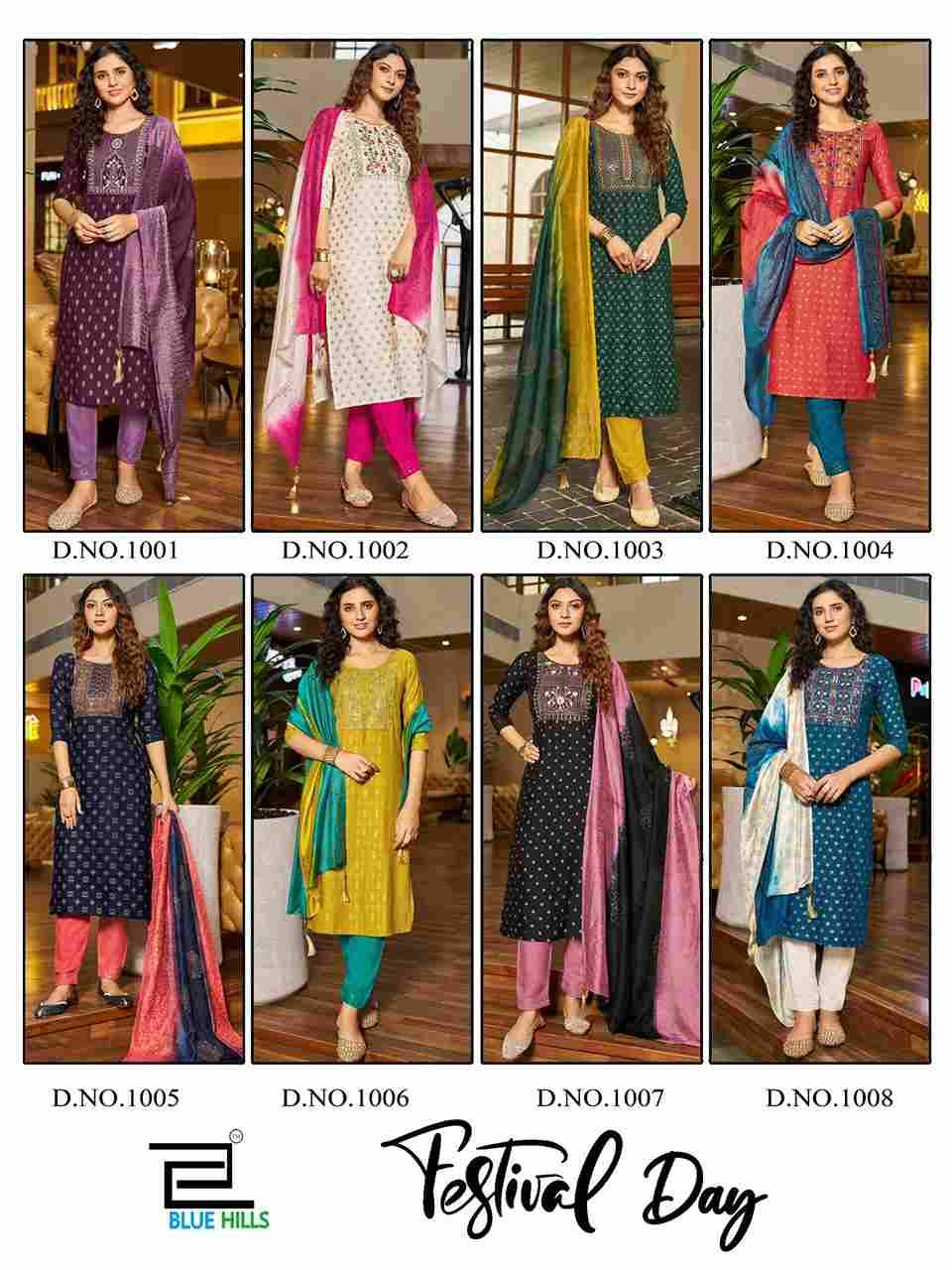 Festival Day By Blue Hills 1001 To 1008 Series Beautiful Suits Colorful Stylish Fancy Casual Wear & Ethnic Wear Rayon Foil Dresses At Wholesale Price