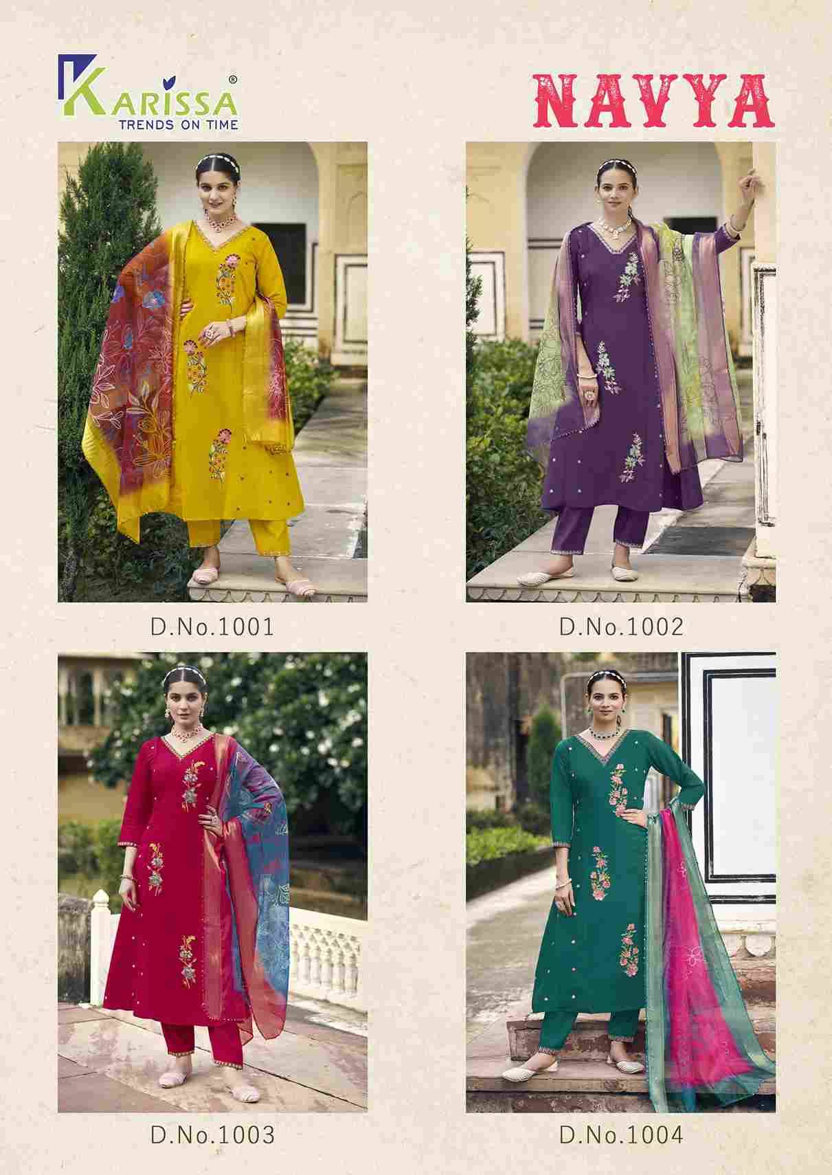 Navya By Karissa 1001 To 1004 Series Beautiful Festive Suits Colorful Stylish Fancy Casual Wear & Ethnic Wear Viscose Silk Dresses At Wholesale Price