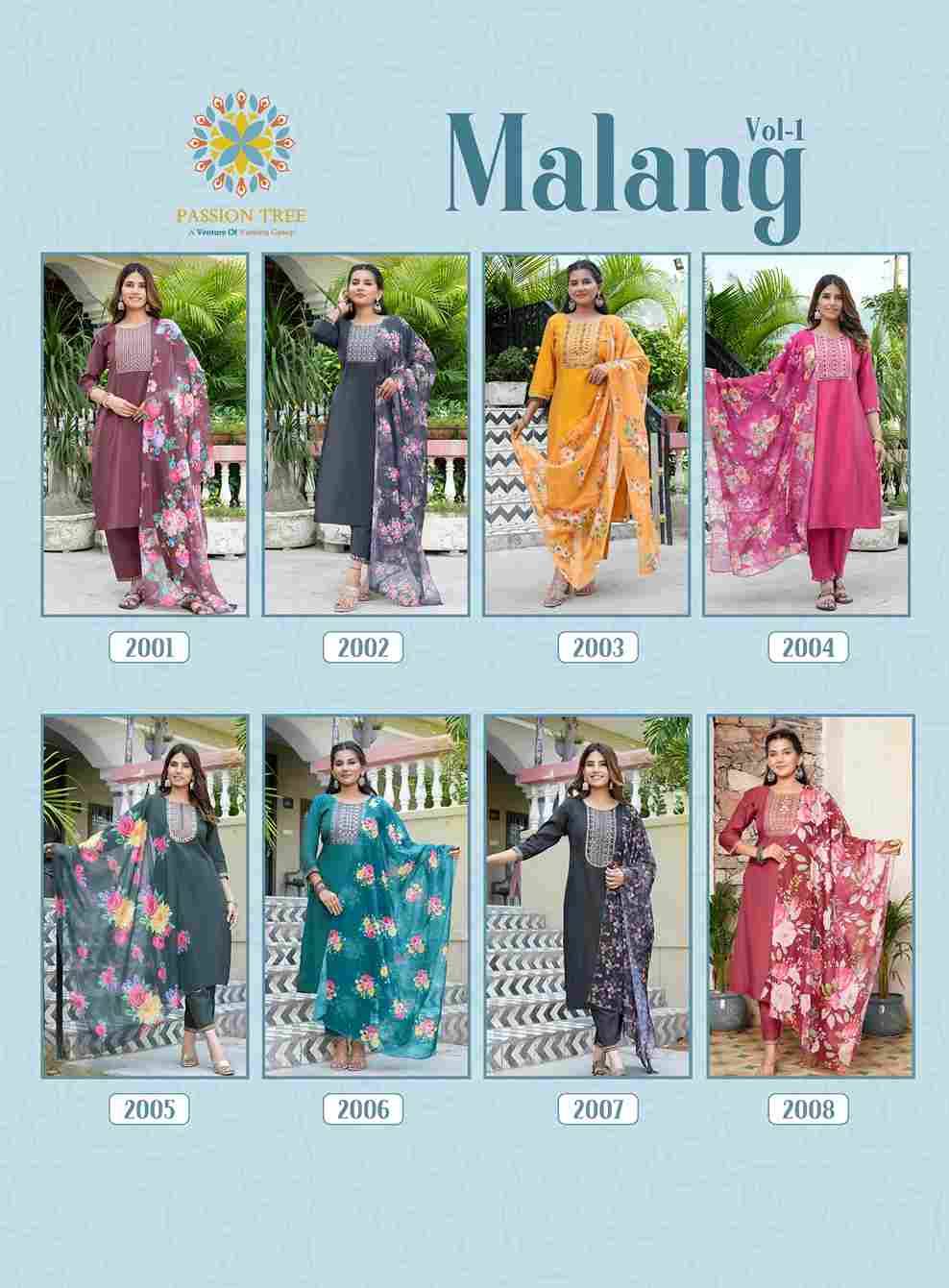 Malang Vol-1 By Passion Tree 1001 To 1008 Series Beautiful Suits Colorful Stylish Fancy Casual Wear & Ethnic Wear Silk Print Dresses At Wholesale Price