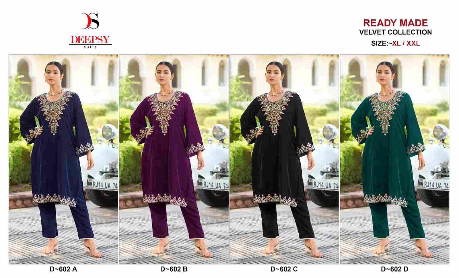 Deepsy Hit Design 602 Colours By Deepsy Suits 602-A To 602-D Series Designer Pakistani Suits Collection Beautiful Stylish Fancy Colorful Party Wear & Occasional Wear Velvet Kurtis With Bottom At Wholesale Price