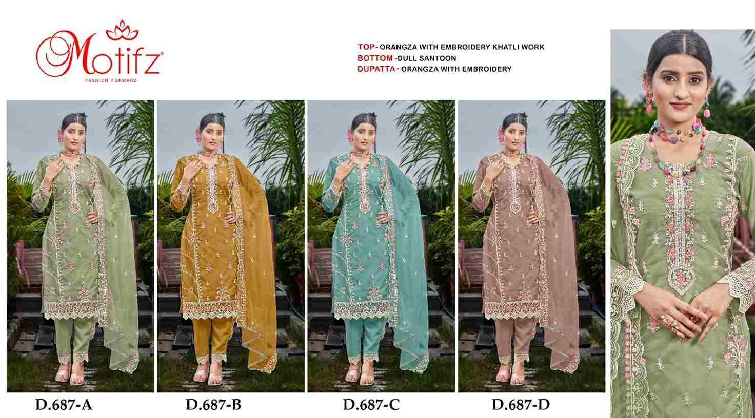 Motifz Hit Design 687 Colours By Motifz 687-A To 687-D Series Beautiful Pakistani Suits Colorful Stylish Fancy Casual Wear & Ethnic Wear Organza Dresses At Wholesale Price