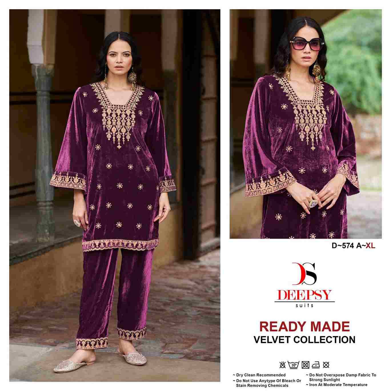 Deepsy Hit Design 574 Colours By Deepsy Suits 574-A To 574-D Series Designer Pakistani Suits Collection Beautiful Stylish Fancy Colorful Party Wear & Occasional Wear Velvet Kurtis With Bottom At Wholesale Price