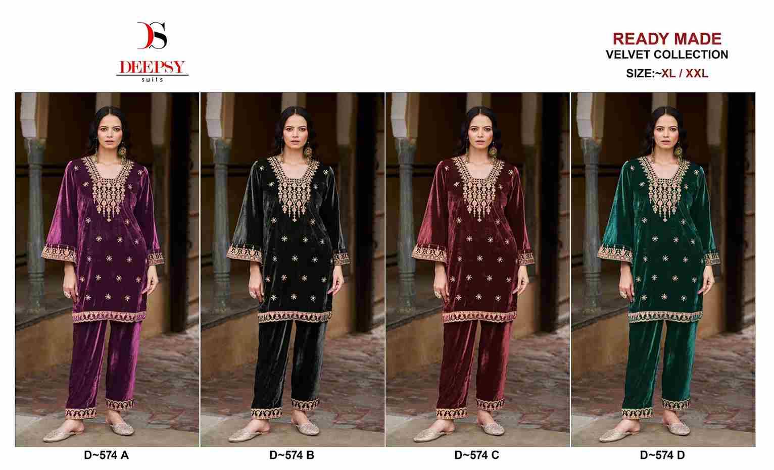 Deepsy Hit Design 574 Colours By Deepsy Suits 574-A To 574-D Series Designer Pakistani Suits Collection Beautiful Stylish Fancy Colorful Party Wear & Occasional Wear Velvet Kurtis With Bottom At Wholesale Price