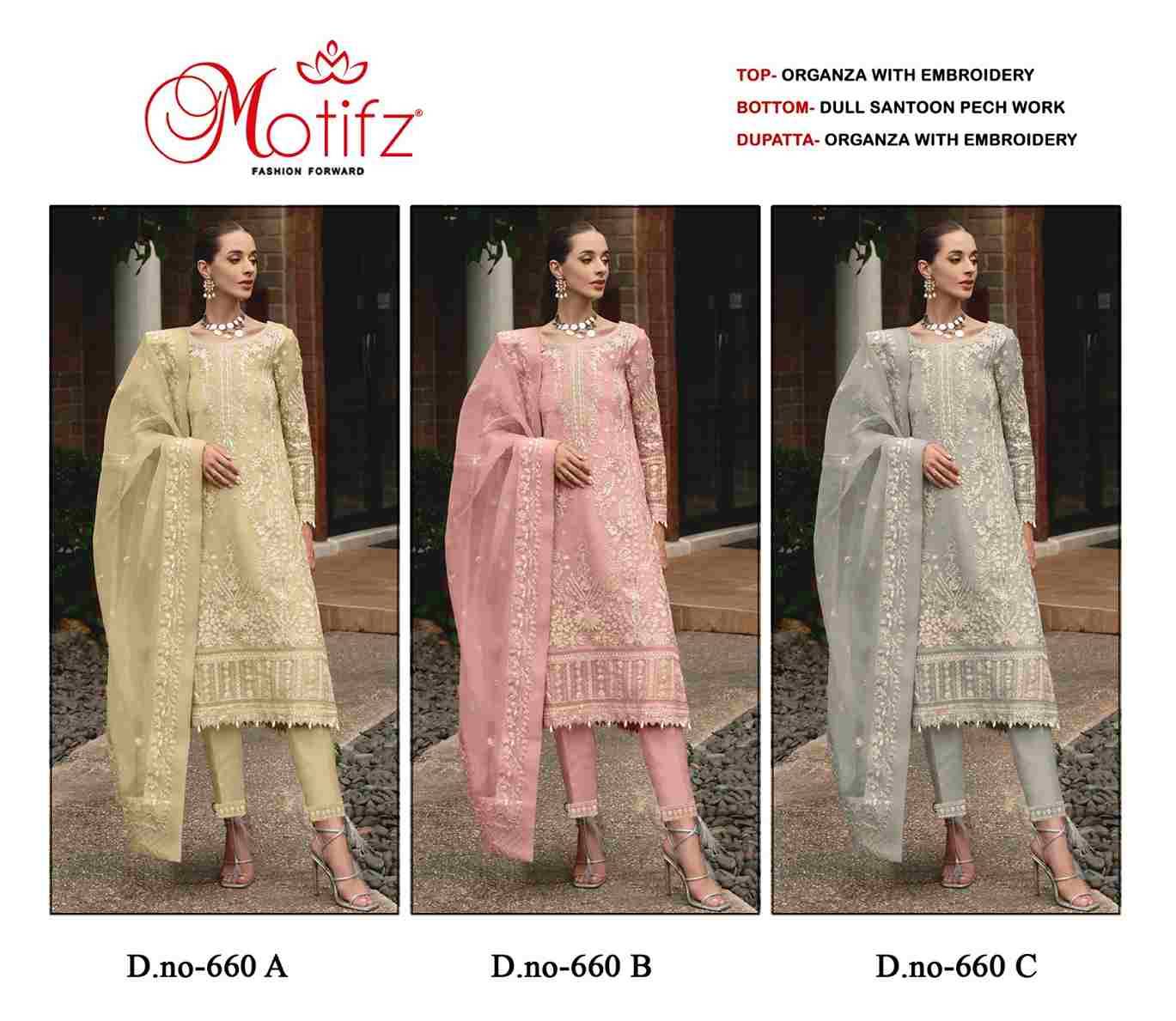 Motifz Hit Design 660 Colours By Motifz 660-A To 660-C Series Beautiful Pakistani Suits Colorful Stylish Fancy Casual Wear & Ethnic Wear Organza Dresses At Wholesale Price