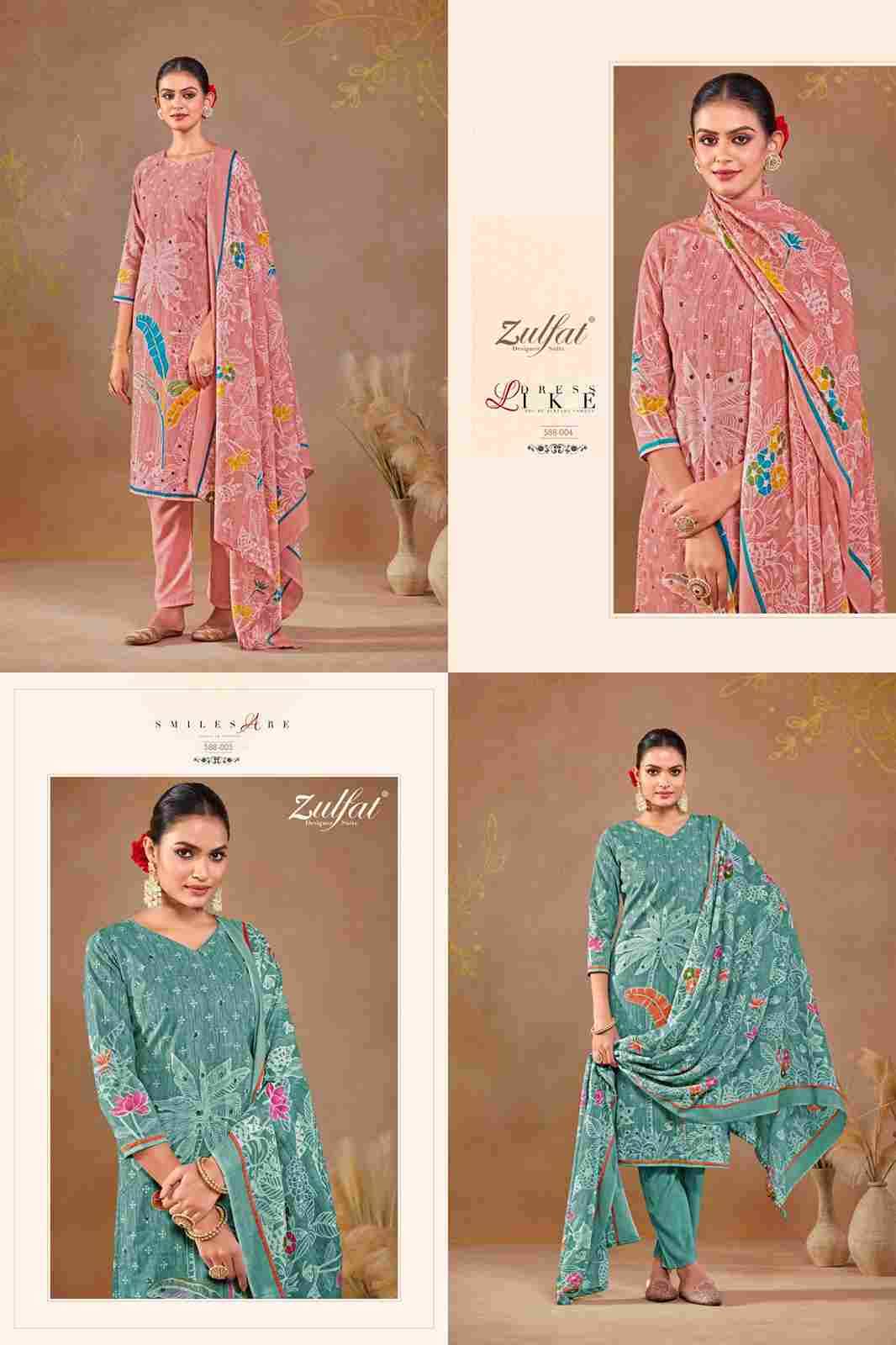 Dastoor By Zulfat 588-001 To 588-006 Series Beautiful Festive Suits Colorful Stylish Fancy Casual Wear & Ethnic Wear Pure Jam Cotton Print With Embroidered Dresses At Wholesale Price