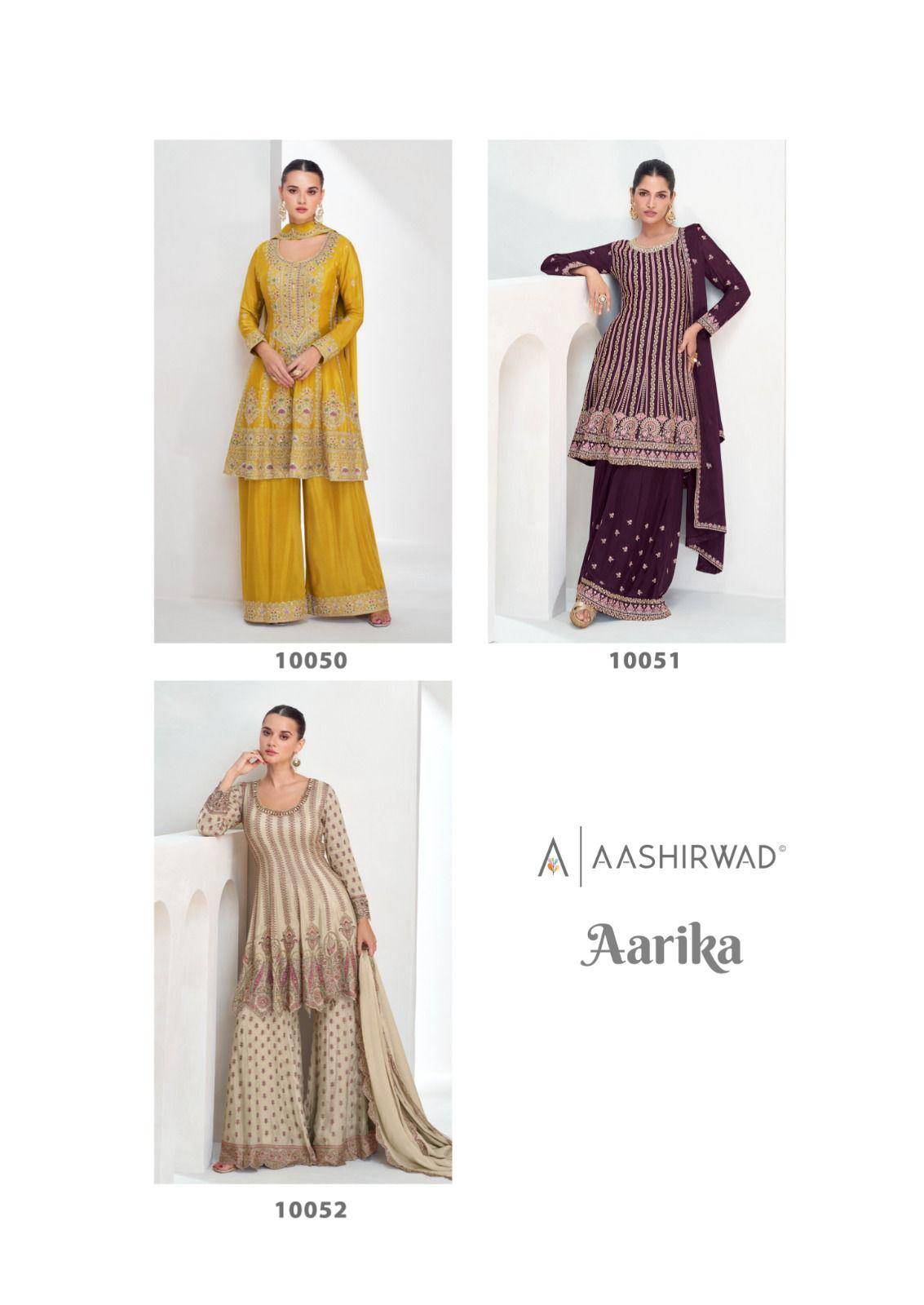 Aarika By Aashirwad Creation 10050 To 10052 Series Designer Sharara Suits Beautiful Fancy Colorful Stylish Party Wear & Occasional Wear Heavy Chinnon Silk Dresses At Wholesale Price