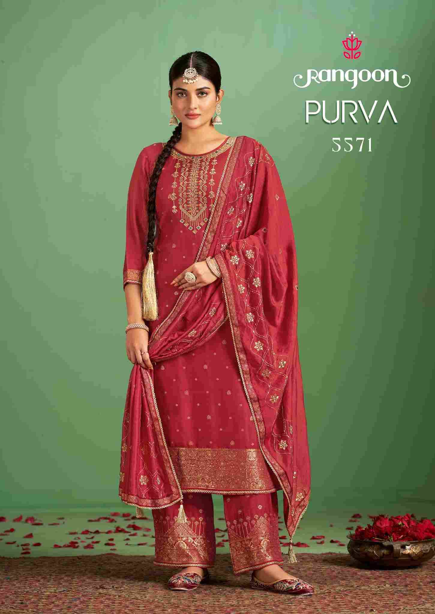 Purva By Rangoon 5571 To 5574 Series Beautiful Stylish Festive Suits Fancy Colorful Casual Wear & Ethnic Wear & Ready To Wear Muslin Jacquard With Work Dresses At Wholesale Price