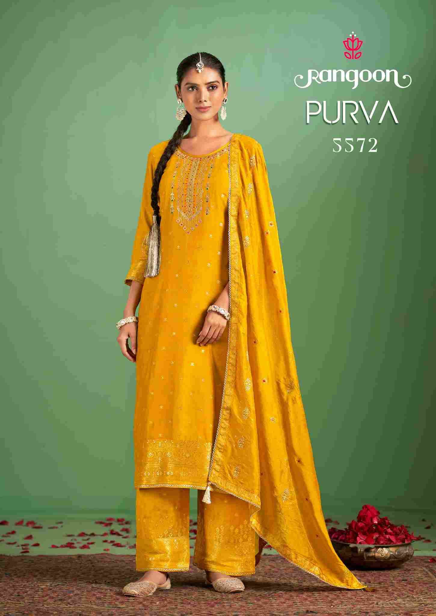 Purva By Rangoon 5571 To 5574 Series Beautiful Stylish Festive Suits Fancy Colorful Casual Wear & Ethnic Wear & Ready To Wear Muslin Jacquard With Work Dresses At Wholesale Price