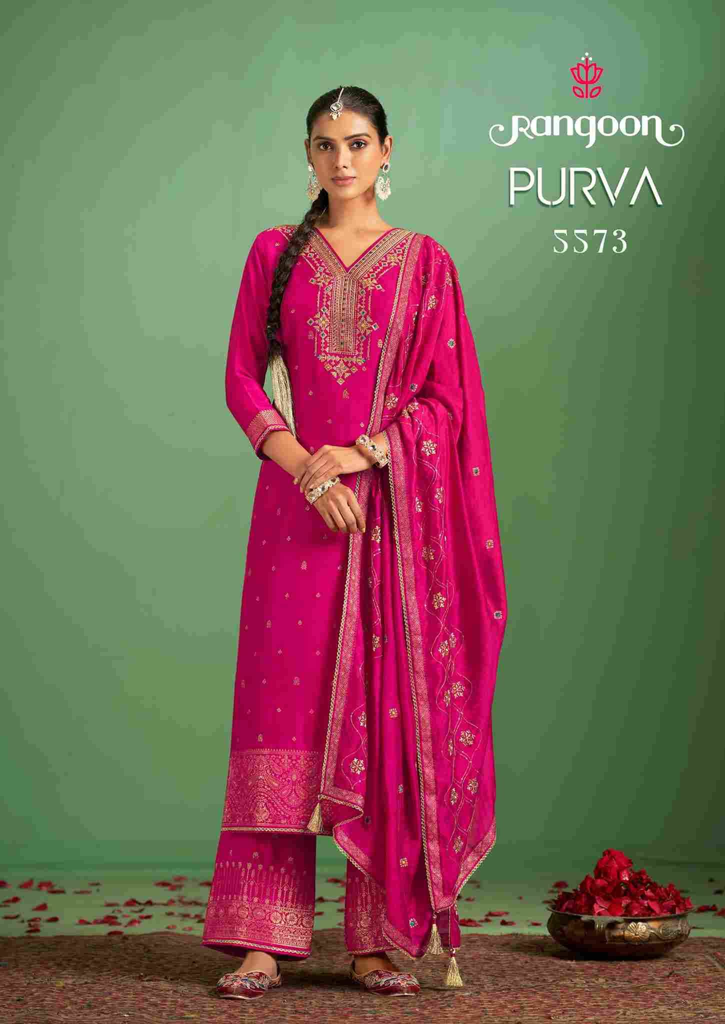 Purva By Rangoon 5571 To 5574 Series Beautiful Stylish Festive Suits Fancy Colorful Casual Wear & Ethnic Wear & Ready To Wear Muslin Jacquard With Work Dresses At Wholesale Price