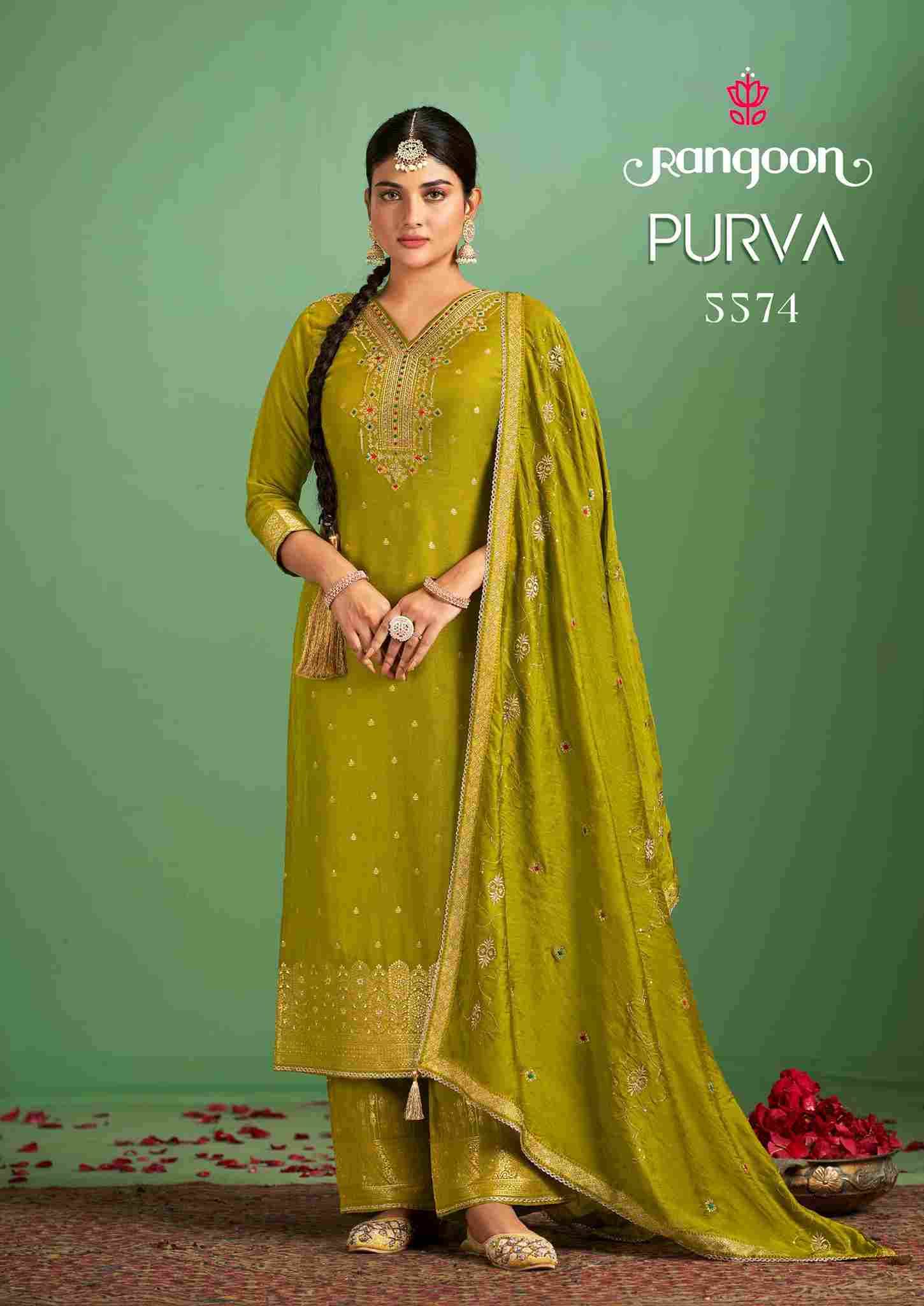 Purva By Rangoon 5571 To 5574 Series Beautiful Stylish Festive Suits Fancy Colorful Casual Wear & Ethnic Wear & Ready To Wear Muslin Jacquard With Work Dresses At Wholesale Price