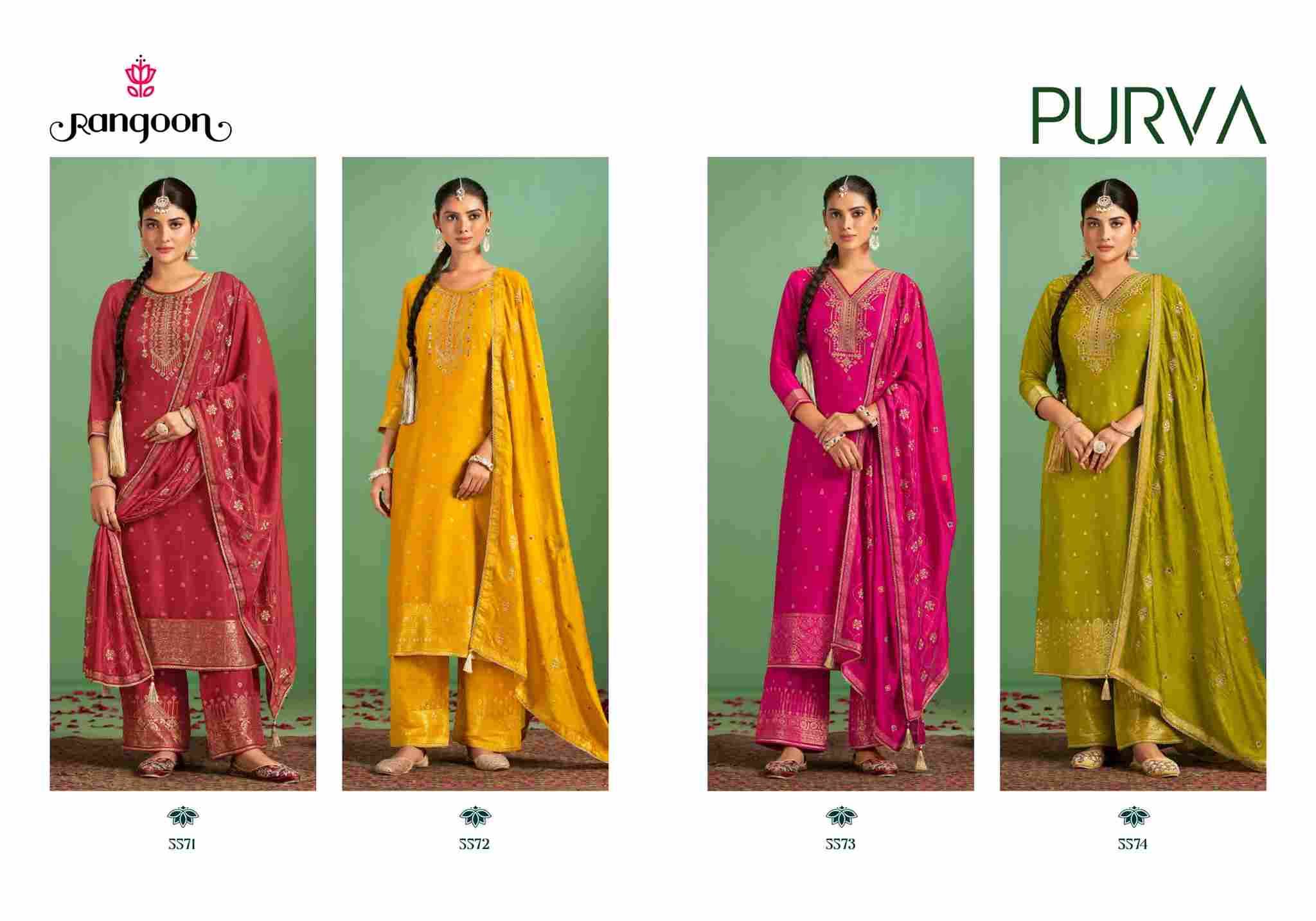 Purva By Rangoon 5571 To 5574 Series Beautiful Stylish Festive Suits Fancy Colorful Casual Wear & Ethnic Wear & Ready To Wear Muslin Jacquard With Work Dresses At Wholesale Price