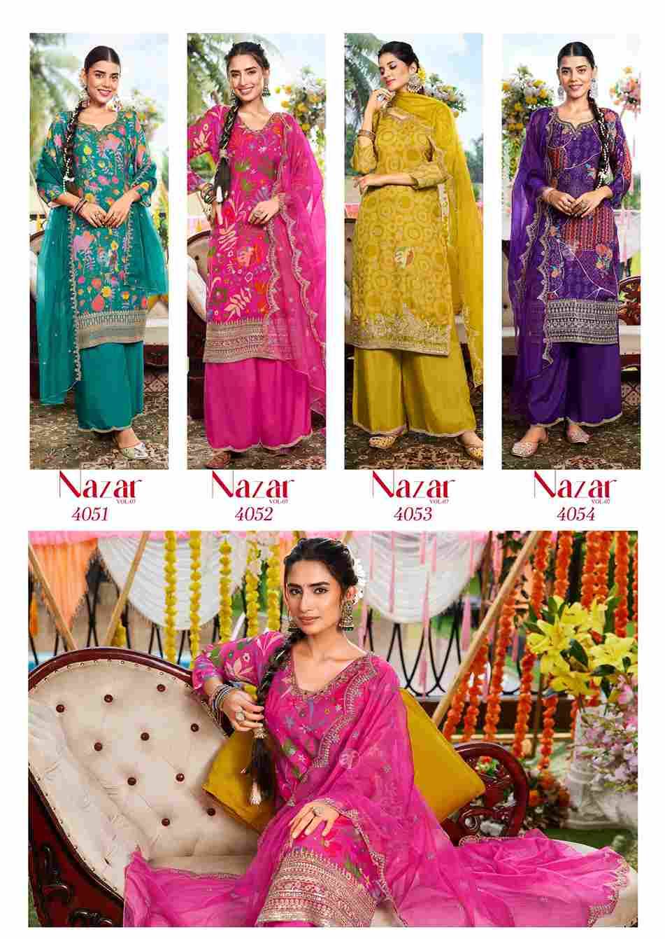 Nazar Vol-7 By Anju Fabrics 4051 To 4056 Series Beautiful Stylish Festive Suits Fancy Colorful Casual Wear & Ethnic Wear & Ready To Wear Pure Organza Dresses At Wholesale Price