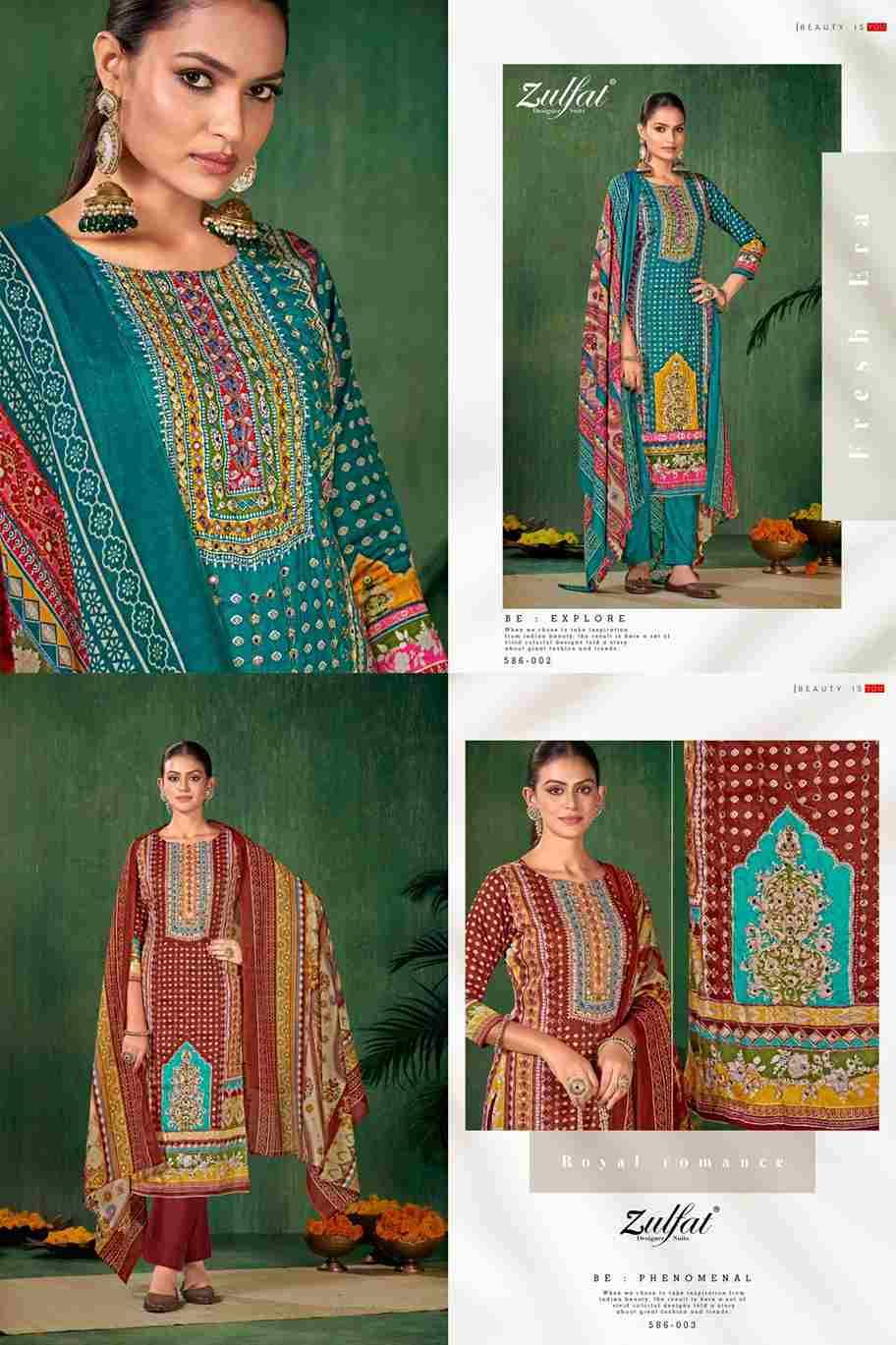 Sangini By Zulfat 586-001 To 586-006 Series Beautiful Festive Suits Colorful Stylish Fancy Casual Wear & Ethnic Wear Pure Jam Cotton Print With Embroidered Dresses At Wholesale Price