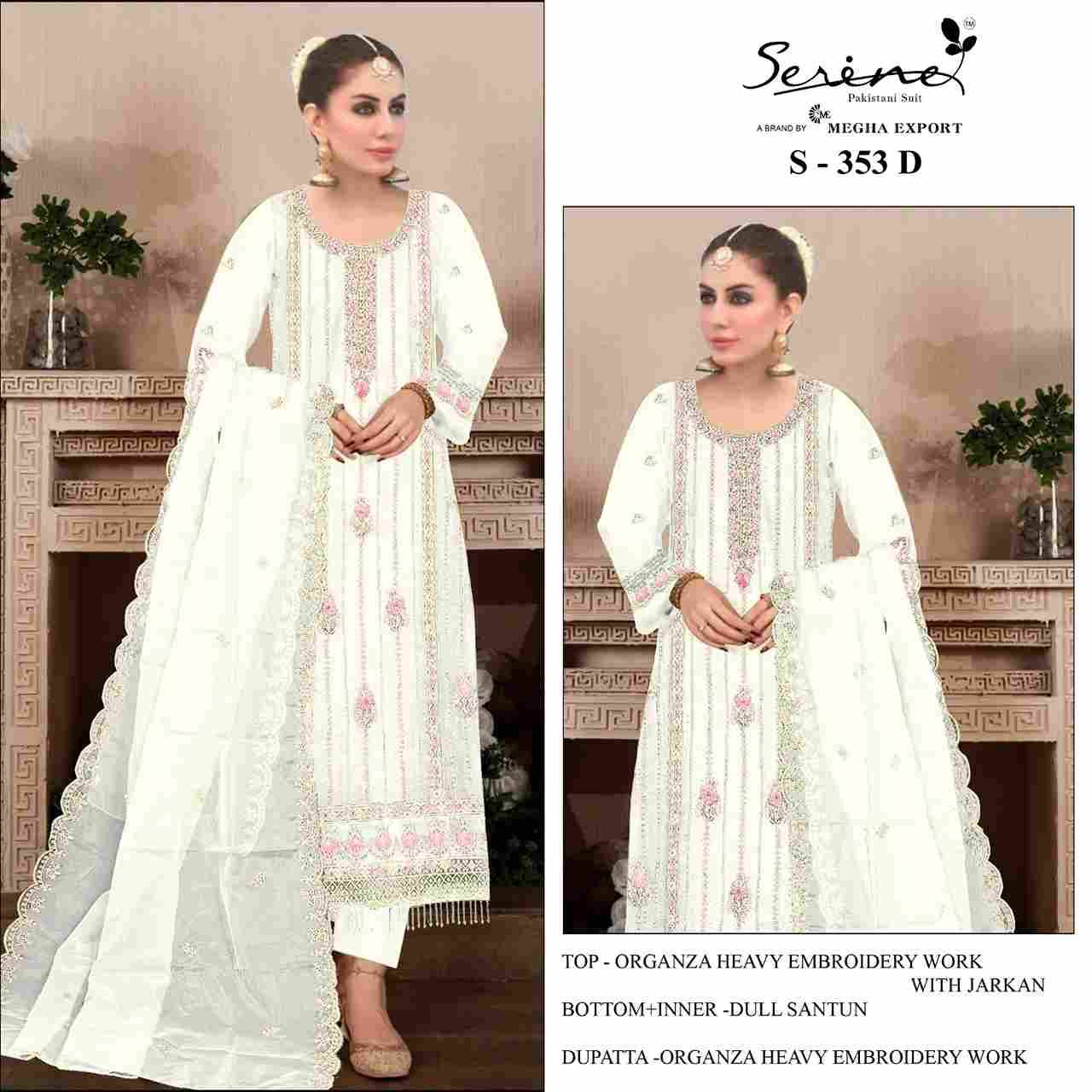 Serene Hit Design S-353 Colours By Serene S-353-A To S-353-D Series Designer Pakistani Suits Beautiful Fancy Colorful Stylish Party Wear & Occasional Wear Organza Embroidered Dresses At Wholesale Price