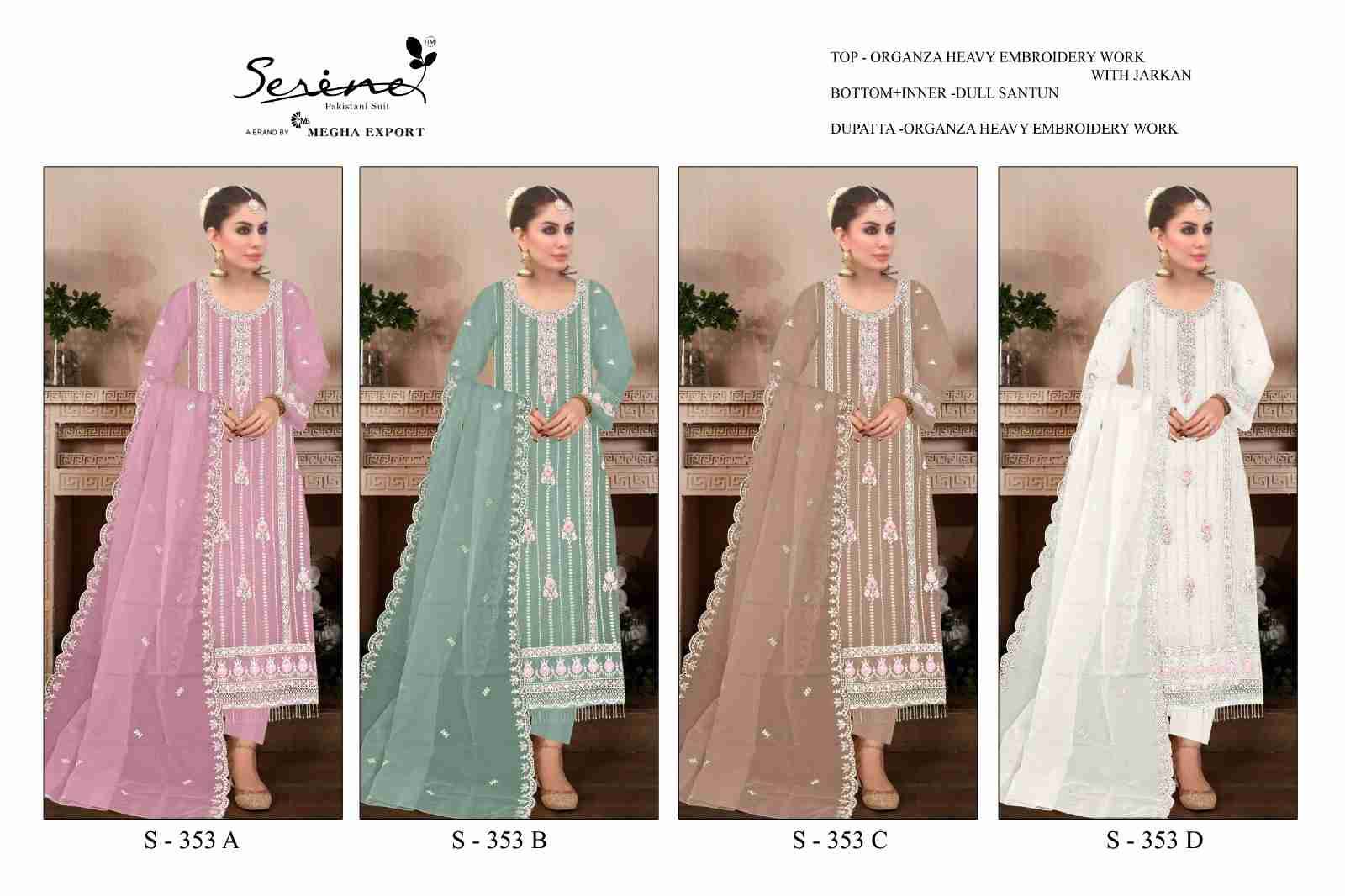 Serene Hit Design S-353 Colours By Serene S-353-A To S-353-D Series Designer Pakistani Suits Beautiful Fancy Colorful Stylish Party Wear & Occasional Wear Organza Embroidered Dresses At Wholesale Price