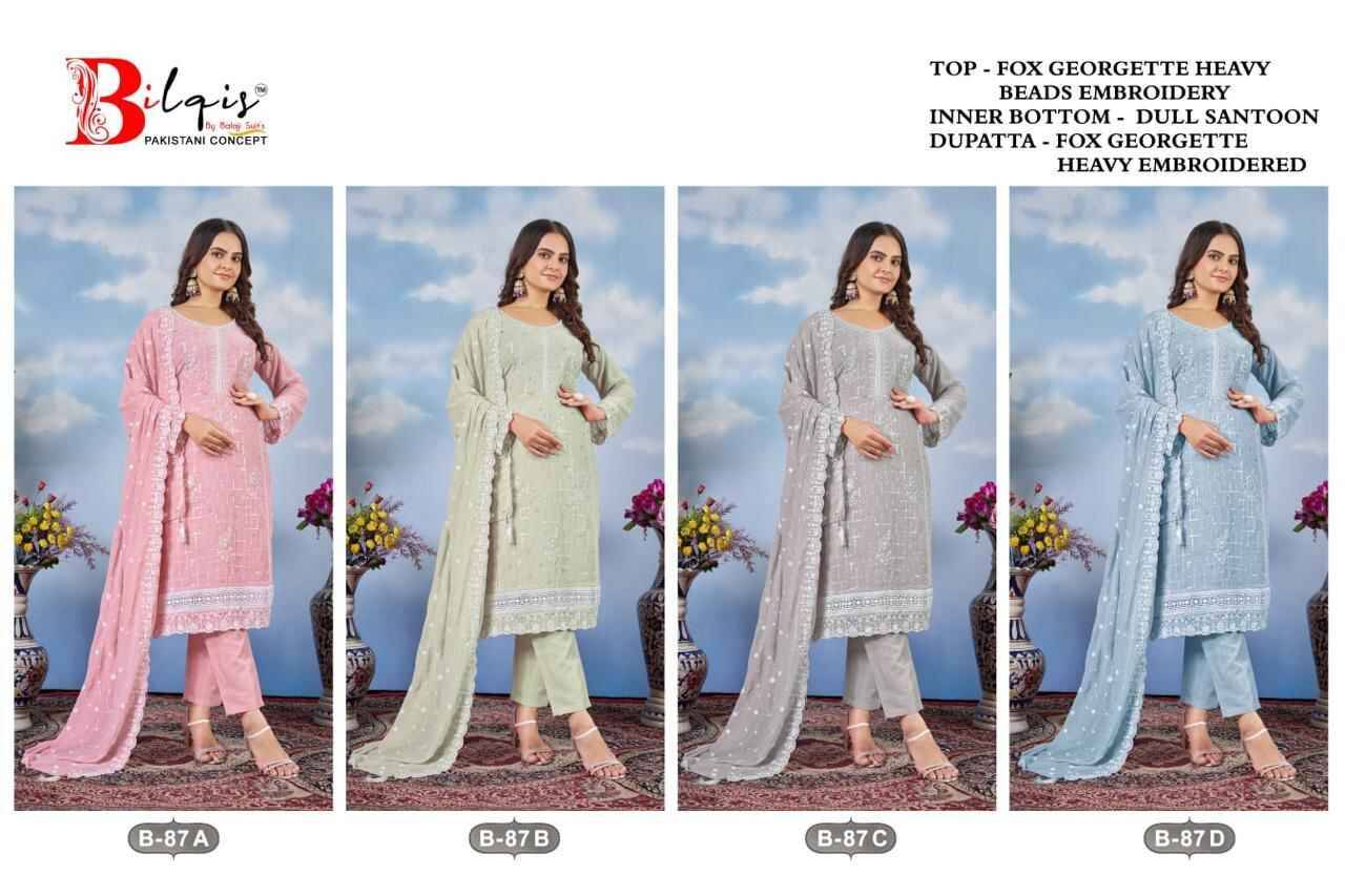 Bilqis 87 Colours By Bilqis 87-A To 87-D Series Beautiful Pakistani Suits Stylish Fancy Colorful Party Wear & Occasional Wear Faux Georgette Embroidery Dresses At Wholesale Price