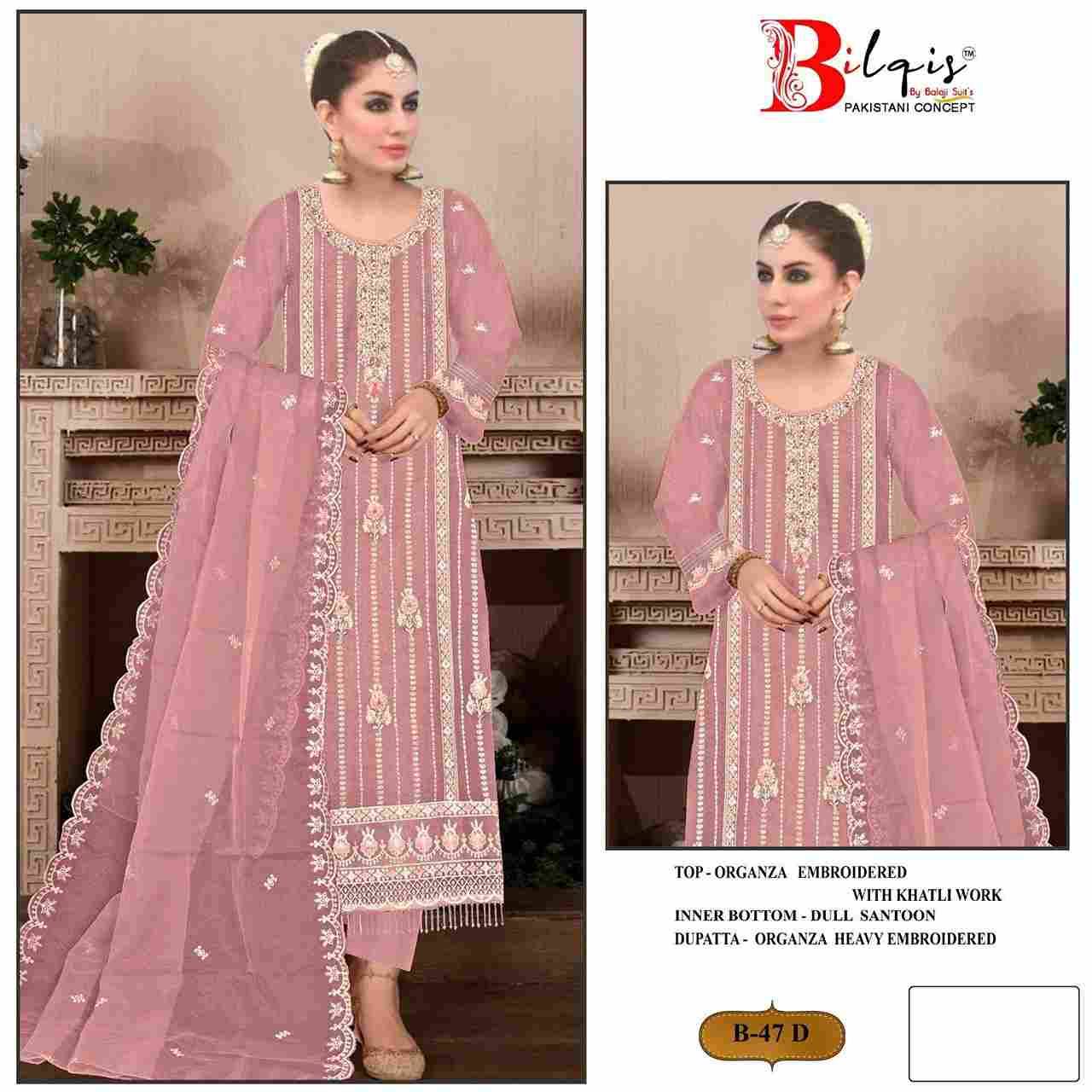 Bilqis 47 Colours By Bilqis 47-A To 47-D Series Beautiful Pakistani Suits Stylish Fancy Colorful Party Wear & Occasional Wear Organza Embroidery Dresses At Wholesale Price