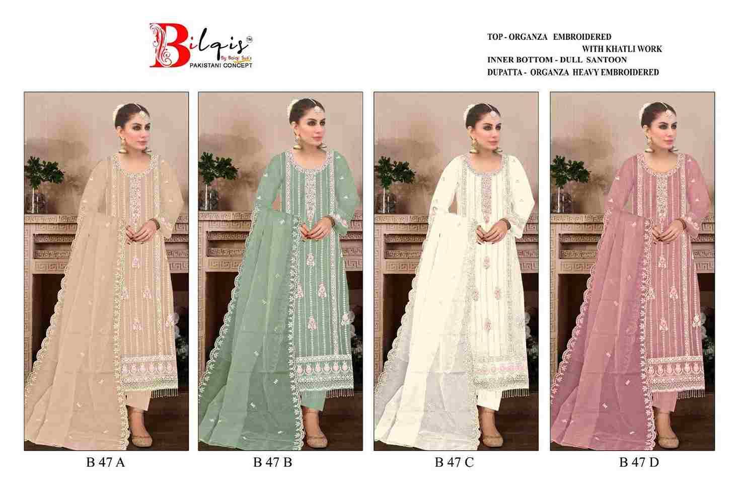 Bilqis 47 Colours By Bilqis 47-A To 47-D Series Beautiful Pakistani Suits Stylish Fancy Colorful Party Wear & Occasional Wear Organza Embroidery Dresses At Wholesale Price