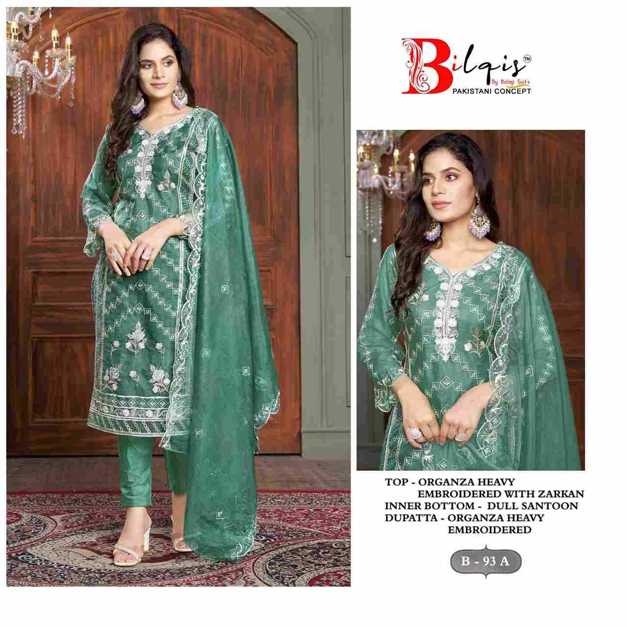 Bilqis 93 Colours By Bilqis 93-A To 93-D Series Beautiful Pakistani Suits Stylish Fancy Colorful Party Wear & Occasional Wear Organza Embroidery Dresses At Wholesale Price