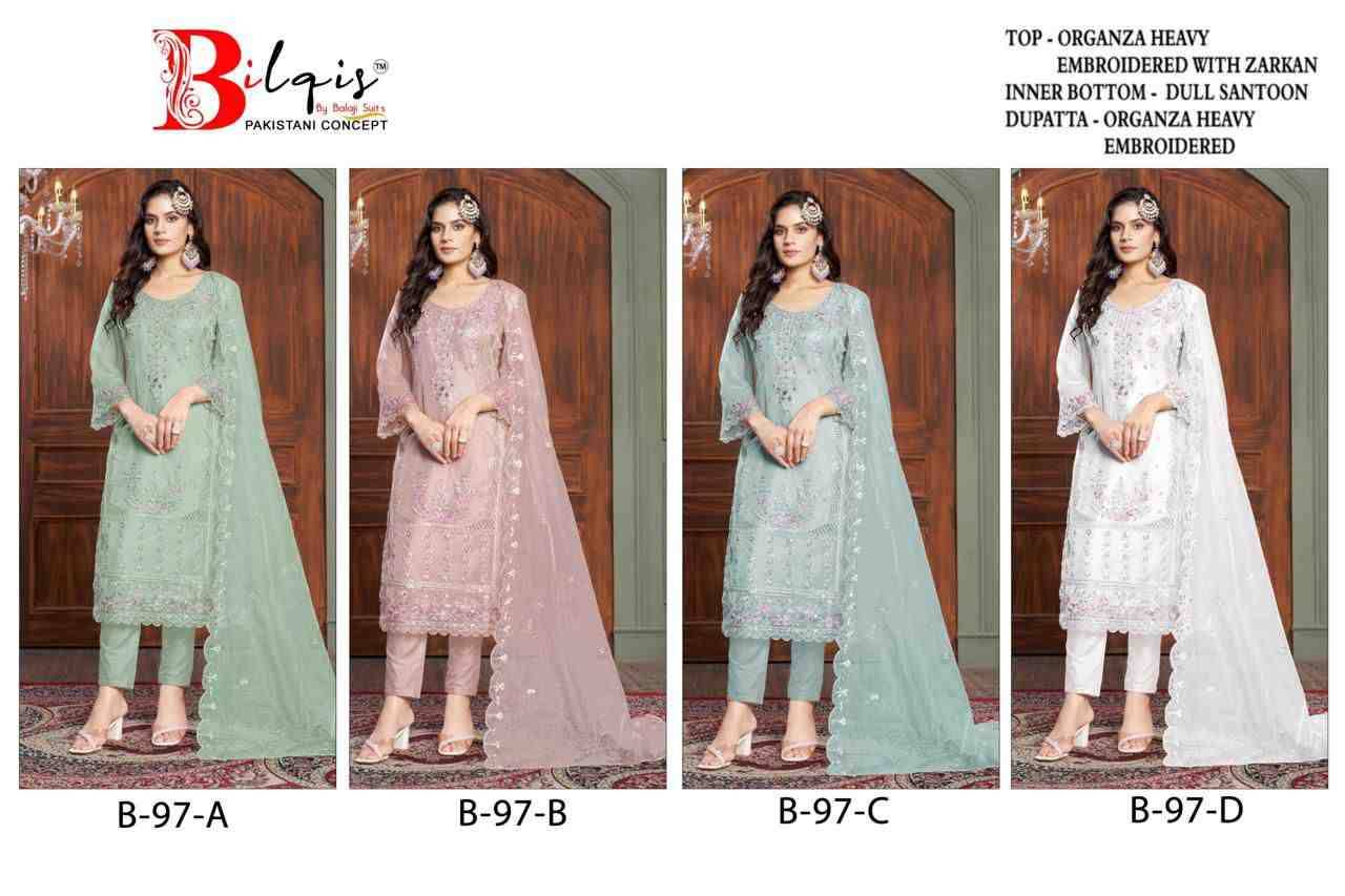 Bilqis 97 Colours By Bilqis 97-A To 97-D Series Beautiful Pakistani Suits Stylish Fancy Colorful Party Wear & Occasional Wear Organza Embroidery Dresses At Wholesale Price