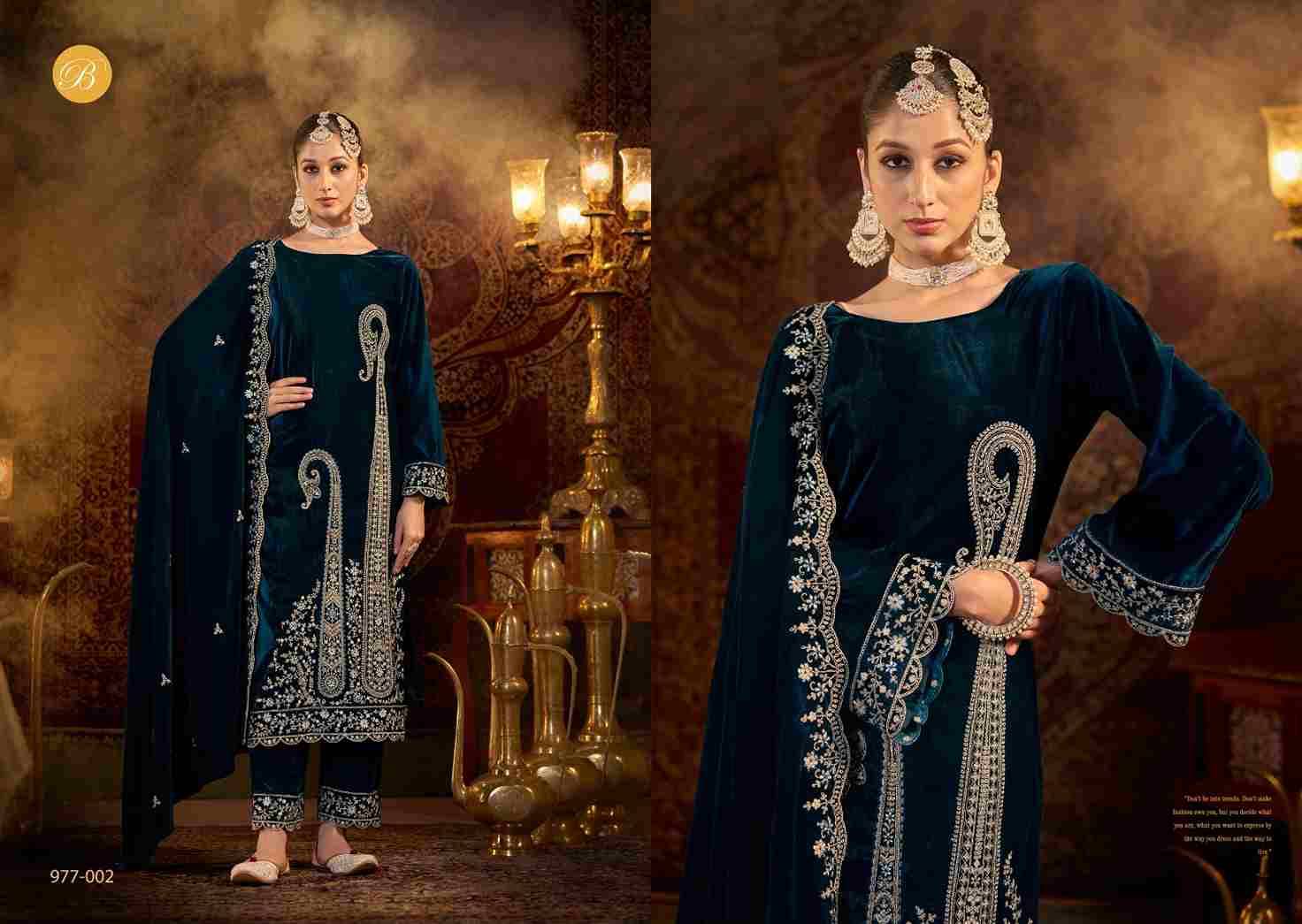 Winter Luxury By Belliza 977-001 To 977-006 Series Beautiful Stylish Festive Suits Fancy Colorful Casual Wear & Ethnic Wear & Ready To Wear Pure Velvet Embroidered Dresses At Wholesale Price