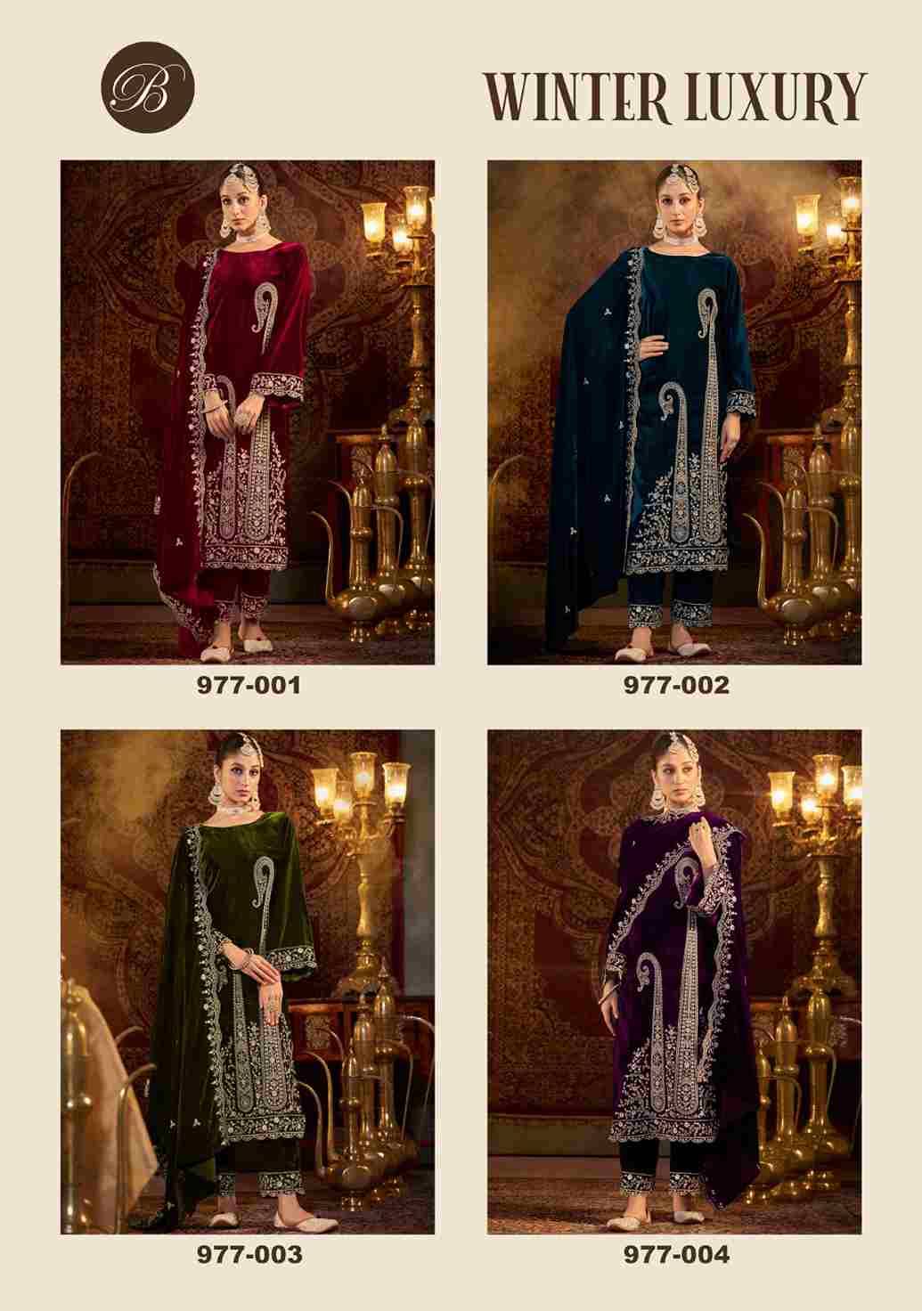 Winter Luxury By Belliza 977-001 To 977-006 Series Beautiful Stylish Festive Suits Fancy Colorful Casual Wear & Ethnic Wear & Ready To Wear Pure Velvet Embroidered Dresses At Wholesale Price