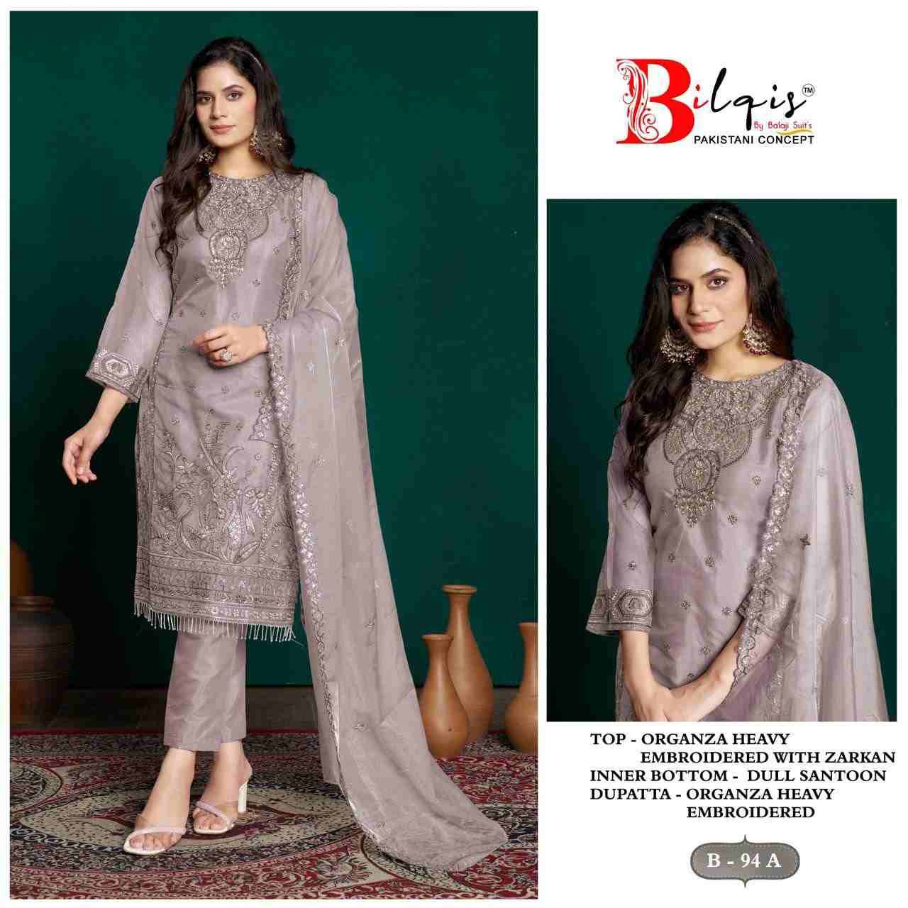 Bilqis 94 Colours By Bilqis 94-A To 94-D Series Beautiful Pakistani Suits Stylish Fancy Colorful Party Wear & Occasional Wear Organza Embroidery Dresses At Wholesale Price