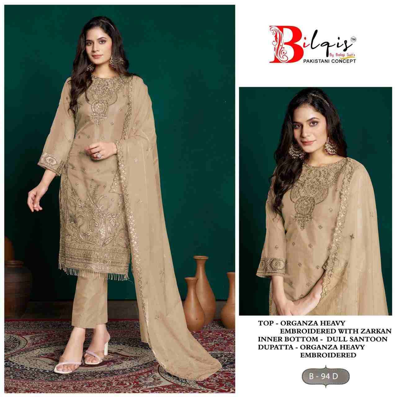 Bilqis 94 Colours By Bilqis 94-A To 94-D Series Beautiful Pakistani Suits Stylish Fancy Colorful Party Wear & Occasional Wear Organza Embroidery Dresses At Wholesale Price