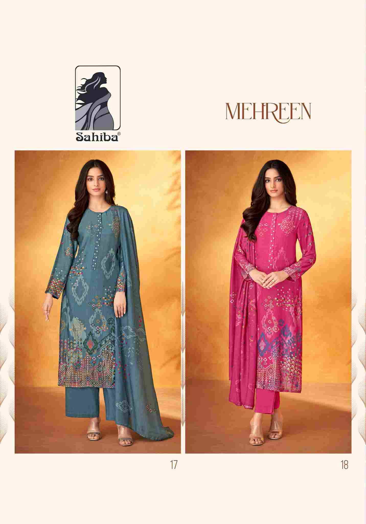 Mehreen By Sahiba Fabrics 17 To 18 Series Beautiful Festive Suits Colorful Stylish Fancy Casual Wear & Ethnic Wear Muslin Silk Dresses At Wholesale Price