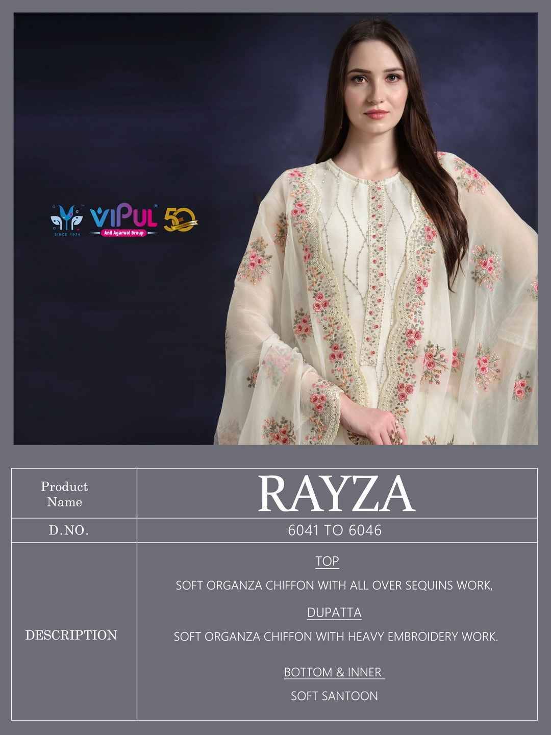 Rayza By Vipul Fashion 6041 To 6046 Series Designer Festive Suits Beautiful Fancy Stylish Colorful Party Wear & Occasional Wear Organza Chiffon Embroidered Dresses At Wholesale Price