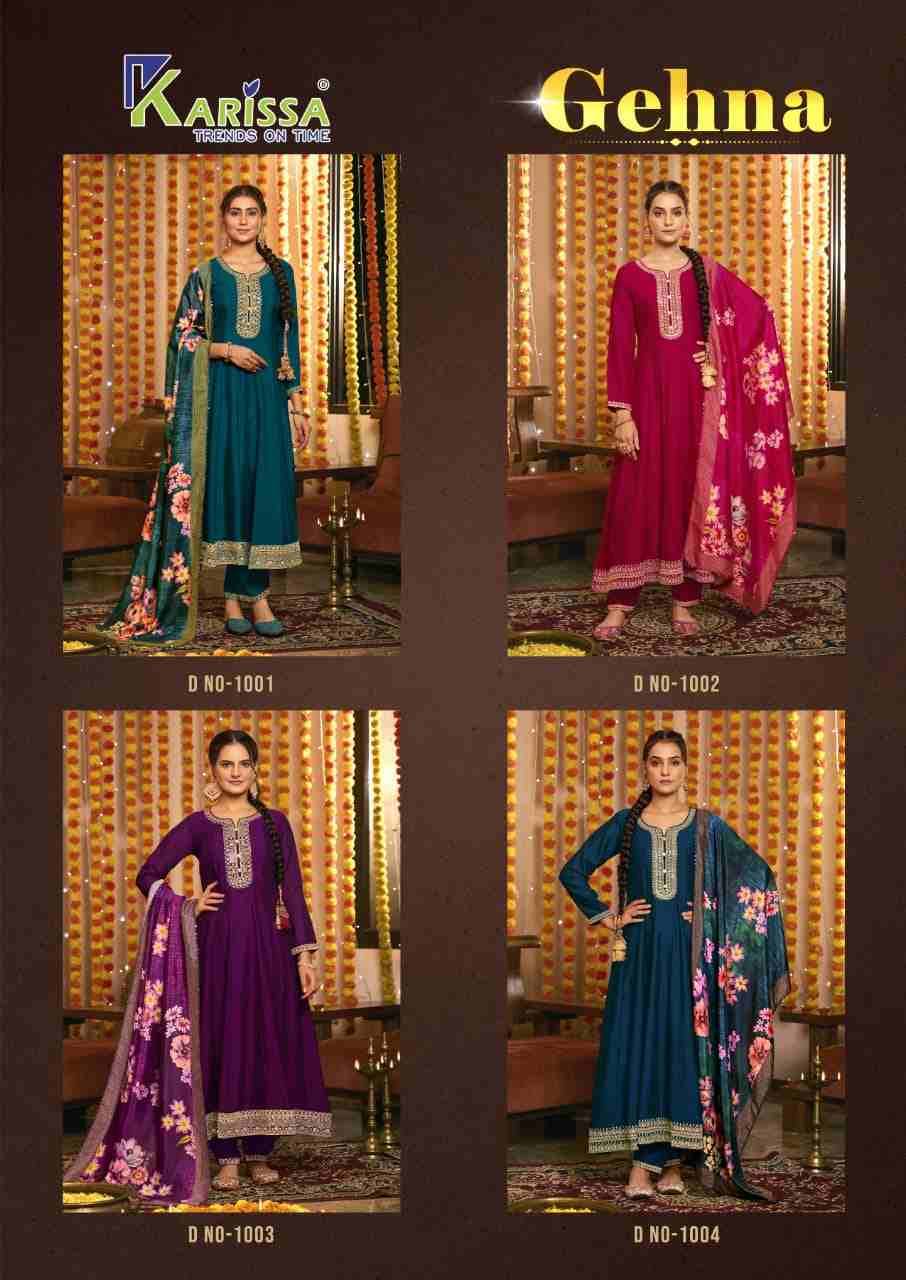 Gehna By Karissa 1001 To 1004 Series Beautiful Festive Suits Colorful Stylish Fancy Casual Wear & Ethnic Wear Vichitra Dresses At Wholesale Price