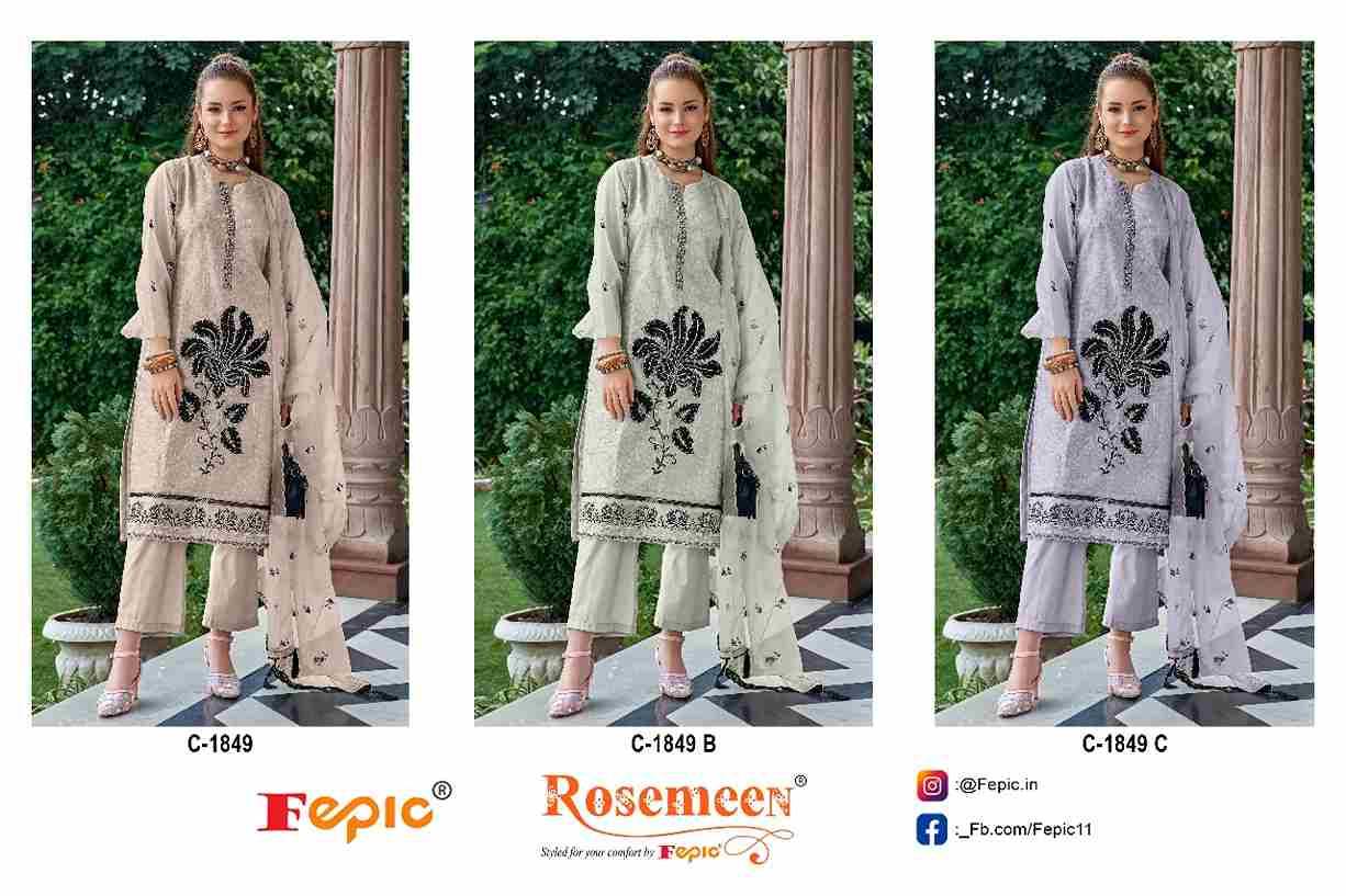 Fepic 1849 Colours By Fepic 1849-A To 1849-C Series Beautiful Pakistani Suits Colorful Stylish Fancy Casual Wear & Ethnic Wear Organza Embroidered Dresses At Wholesale Price