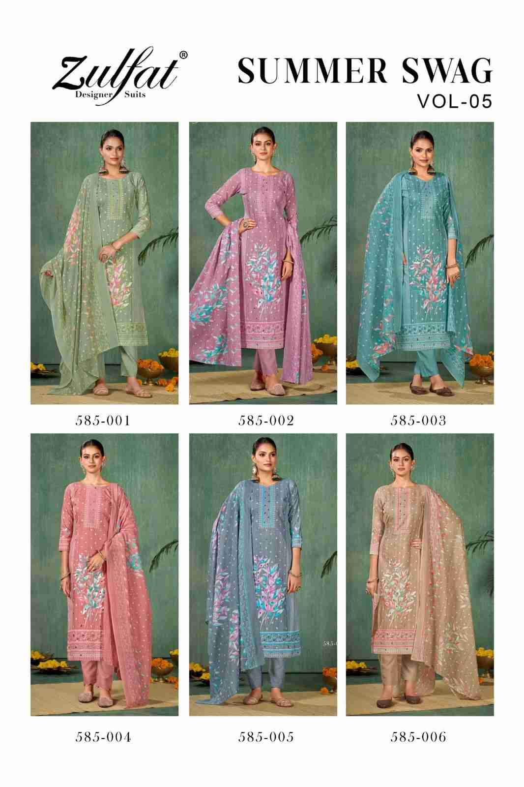 Summer Swag Vol-5 By Zulfat 585-001 To 585-006 Series Beautiful Festive Suits Stylish Fancy Colorful Casual Wear & Ethnic Wear Pure Cotton Print Dresses At Wholesale Price