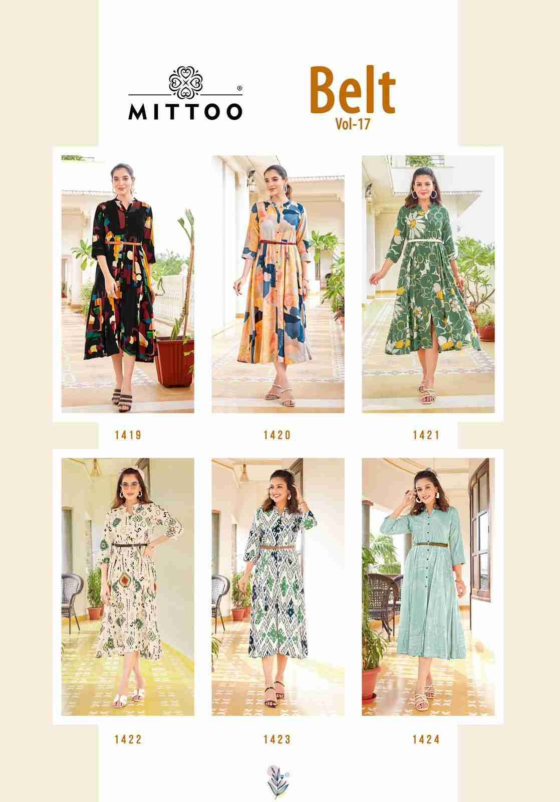 Belt Vol-17 By Mittoo 1419 To 1424 Series Designer Stylish Fancy Colorful Beautiful Party Wear & Ethnic Wear Collection Rayon Print Kurtis At Wholesale Price