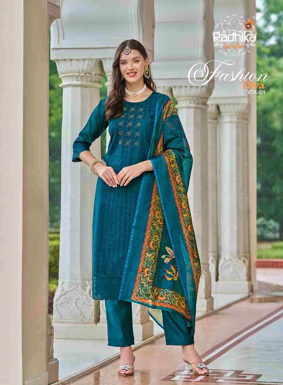 Fashion Diva Vol-1 By Radhika Lifestyle 1001 To 1006 Series Beautiful Festive Suits Colorful Stylish Fancy Casual Wear & Ethnic Wear Chanderi Silk Dresses At Wholesale Price