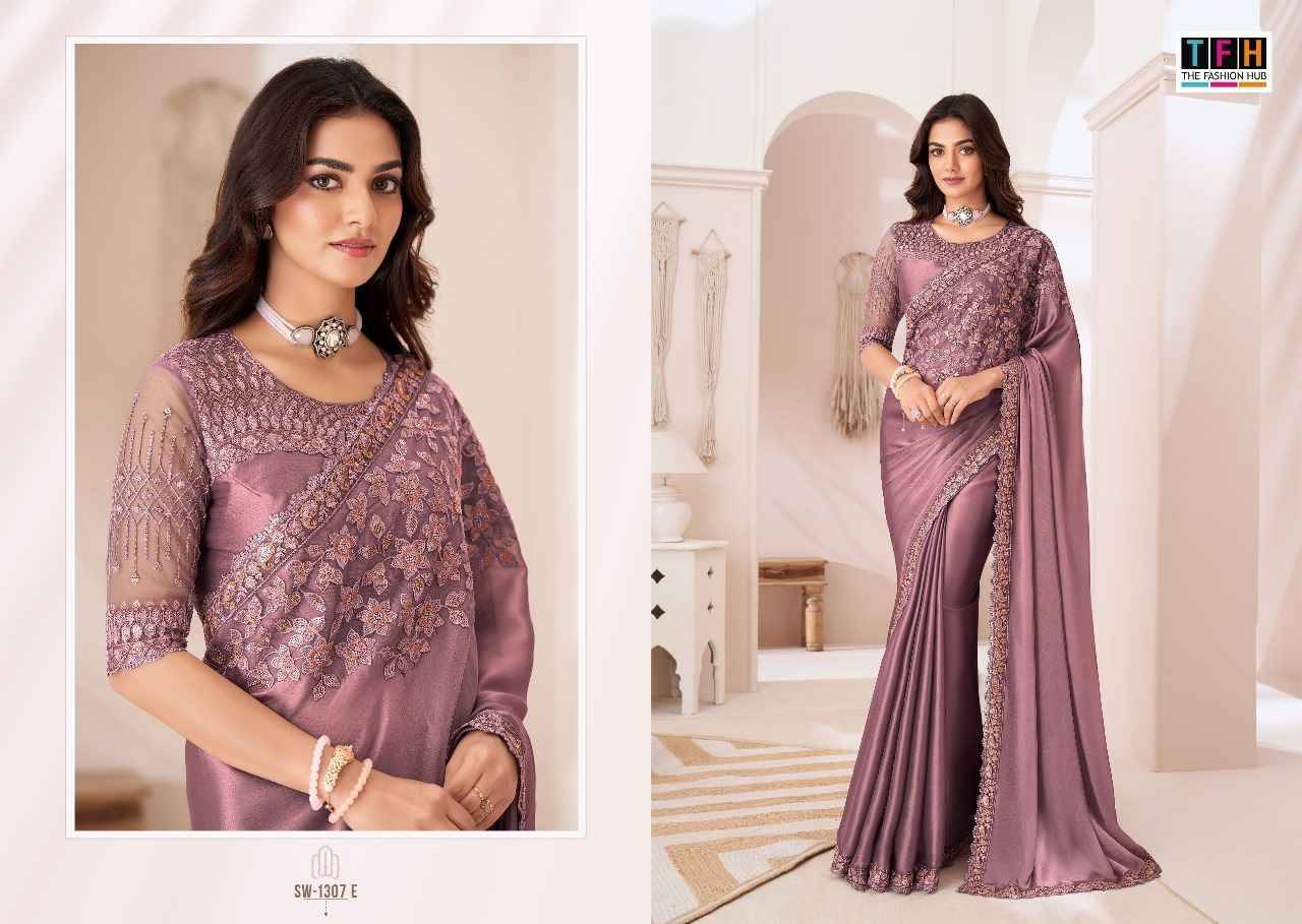 Sandalwood 1307 Colours By TFH 1307-A To 1307-F Series Indian Traditional Wear Collection Beautiful Stylish Fancy Colorful Party Wear & Occasional Wear Satin Georgette Sarees At Wholesale Price